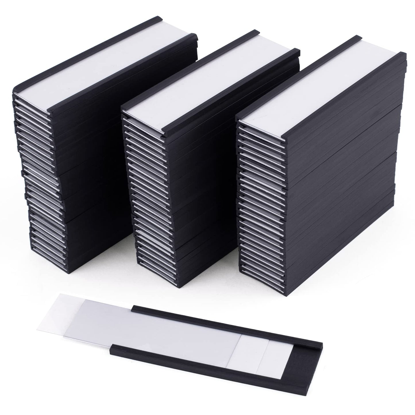 80Pcs Magnetic Label Holders, FHDUSRYO 3x1 inch “C” Channel Magnet Label Card Racks with 80 Clear Protective Films and 160 White Paper Strips for Office, Warehouse, School, Shelf, Drawer