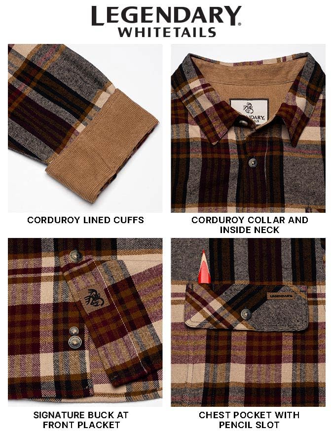 Legendary Whitetails Men's Buck Buck Camp Flannel Shirt, Long Sleeve Plaid Button Down Casual Shirt for Men, with Corduroy Cuffs, Fall & Winter Clothing, Cedarwood Plaid, XX-Large