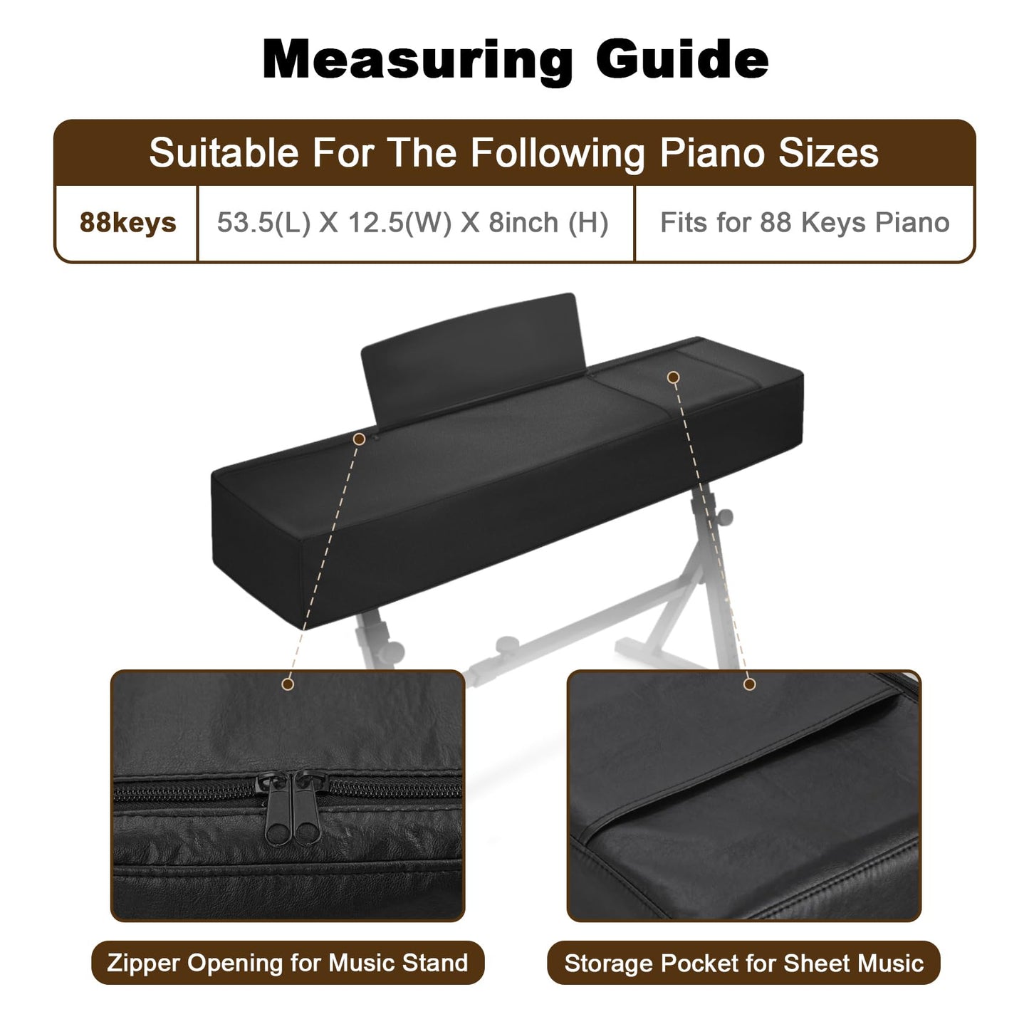 Explore Land 88 Keys Digital Piano Dust Cover with Music Stand Opening and Pockets - Waterproof Leatherette Electronic Keyboard Cover Fits for Most Piano