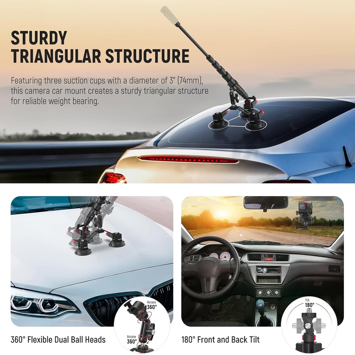 NEEWER Triple Suction Cup Car Mount Kit with 2in1 Extension Pole/Selfie Stick, Quick Release Outside Windshield Magic Arm Camera Mount with Action Camera Adapter Compatible with GoPro Insta360, CA065