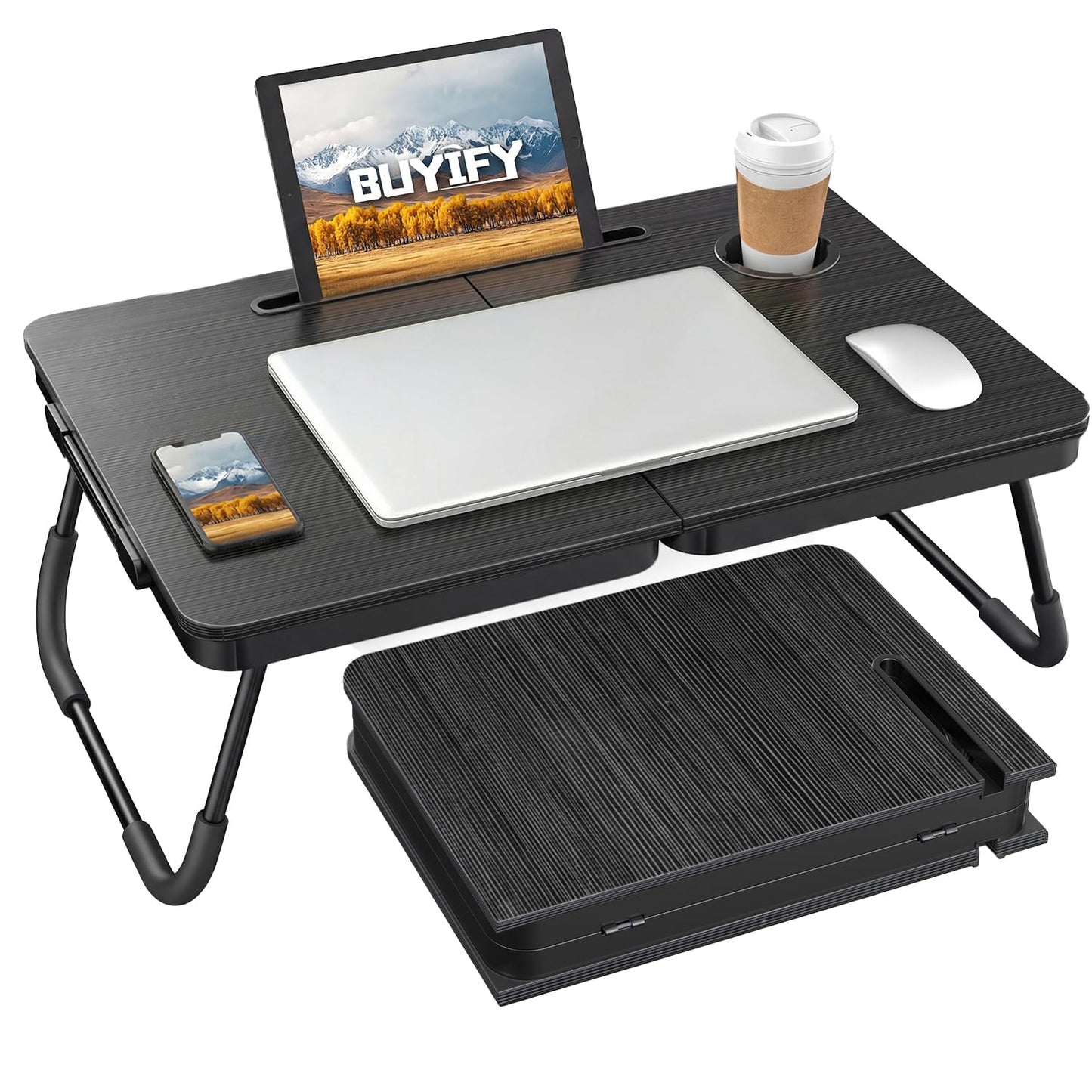 Portable Foldable Laptop Desk for Bed and Couch, Adjustable Lap Desk with Cup Holder and Phone Holder, Ideal for Working, Reading, Writing, and Breakfast -NEW-006