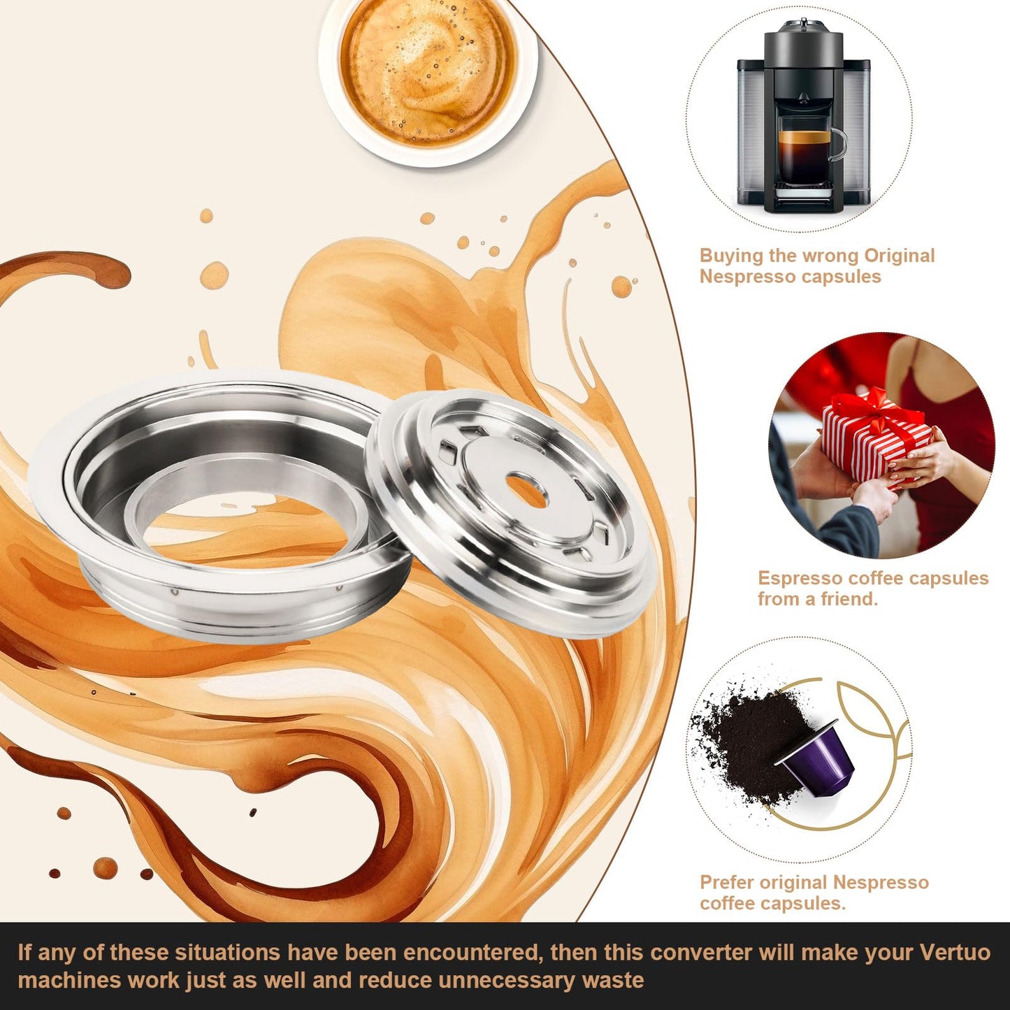 Reusable Coffee Capsule Adapter for Nespresso Vertuo Machines, Stainless Steel Coffee Pod Adapter with 4 Stickers, Compatiable with Vertuo POP/Vertuo Next/Delonghi ENV135/ Vertuolline GCA1 (80 ml)