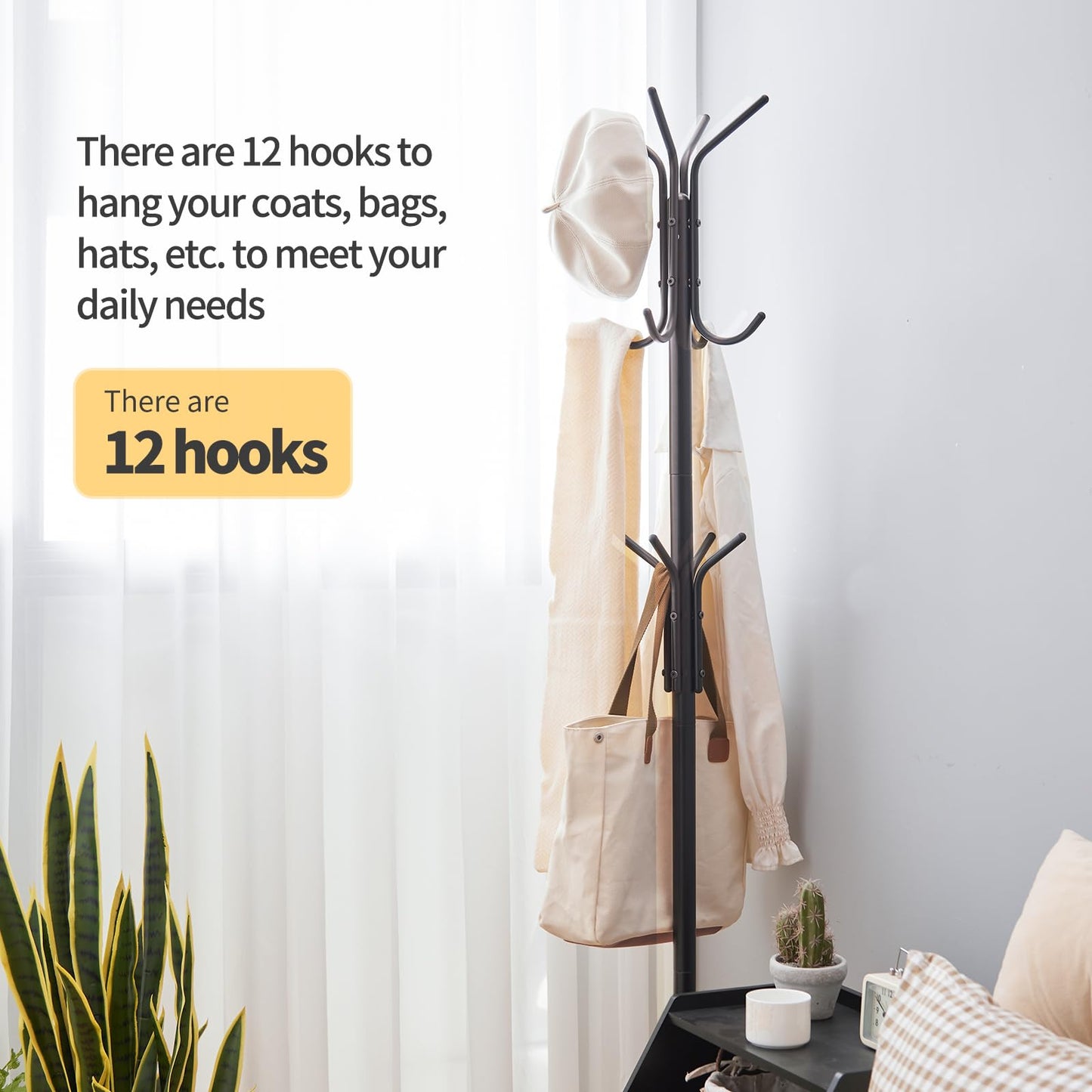 Furshus Coat Rack Freestanding,hat and coat rack stand for entryway,Living Room,Bedroom,Metal coat tree with12 Hooks and 3 Legs (Black)