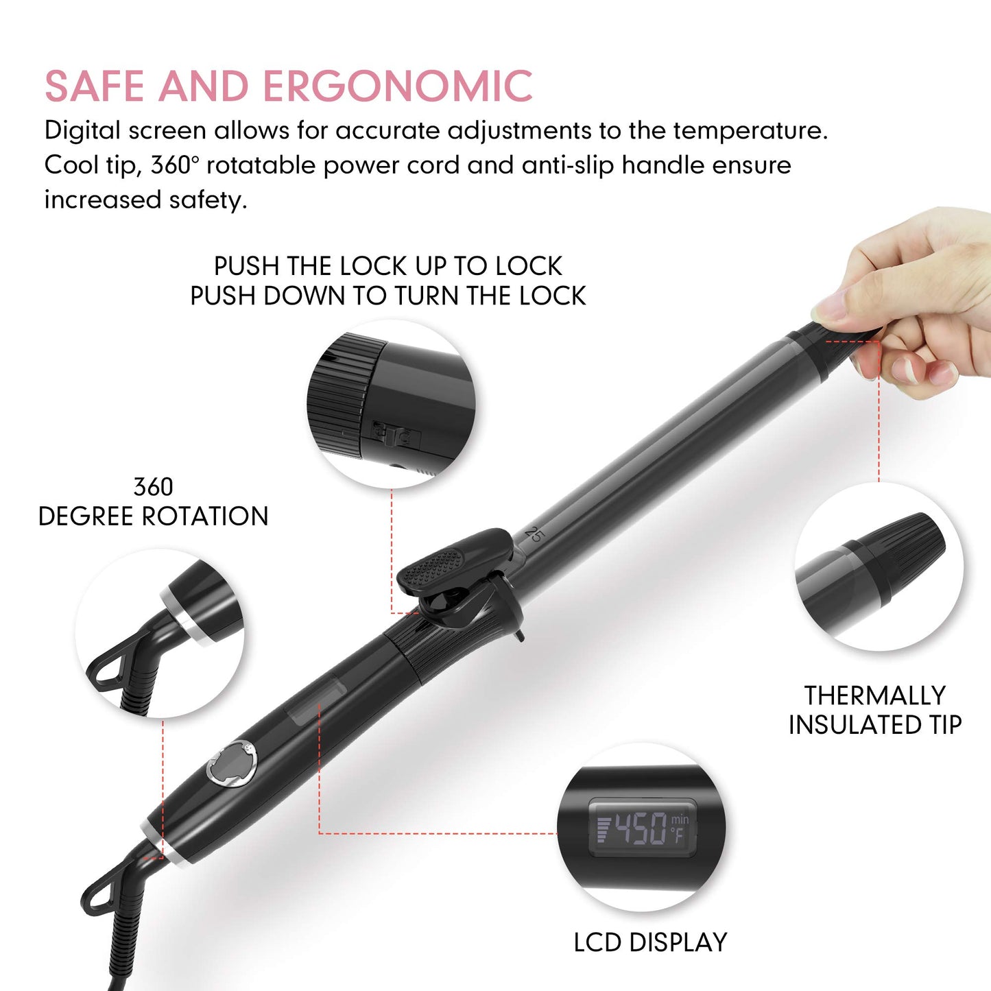 1 1/4 Inch Curling Iron with Clipped Tourmaline Ceramic Barrel Professional Hair Curler up to 450°F Dual Voltage for Traveling 60 Mins Auto Off Suit for Different Hairstyle (Black, 1.25 Inch)