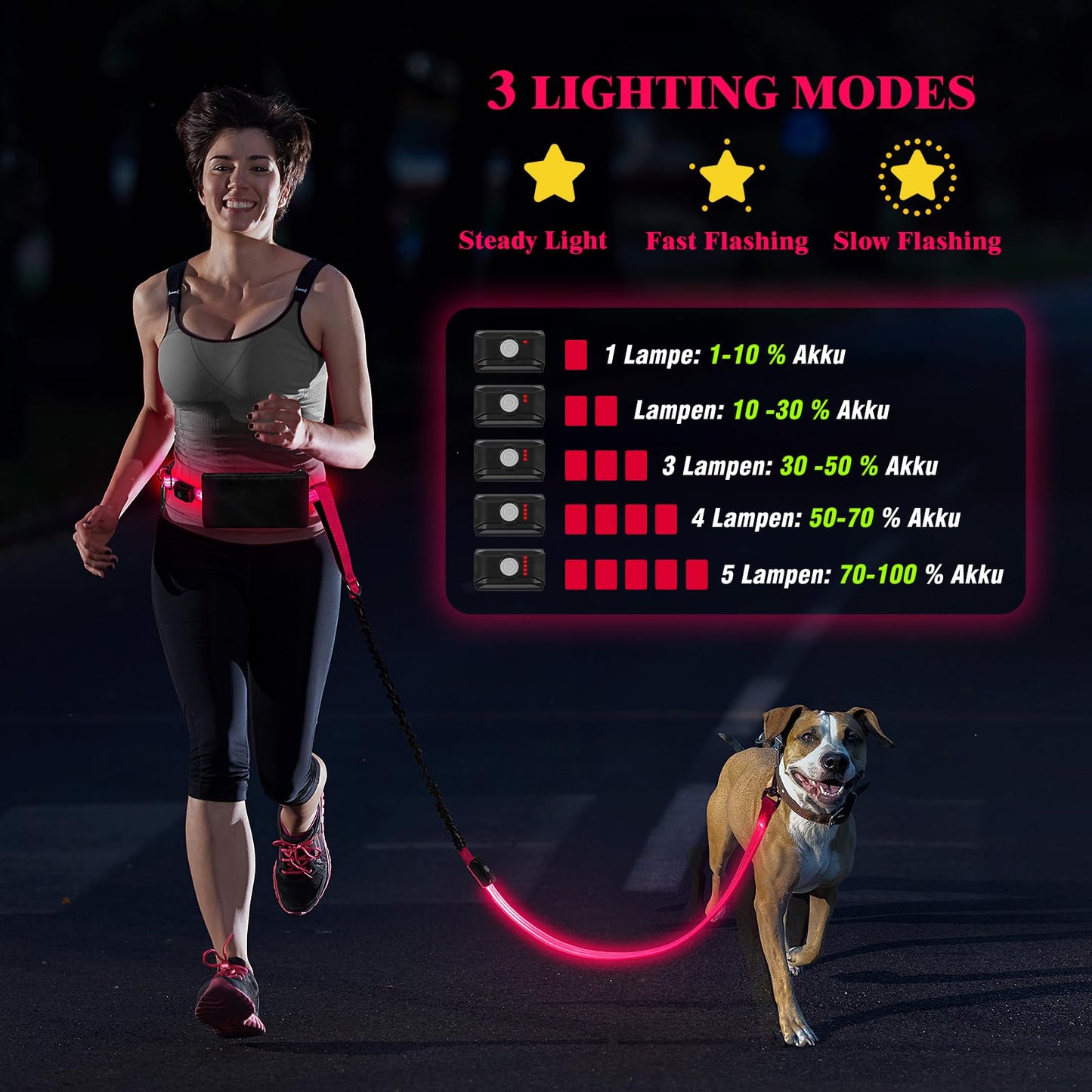 Vizbrite LED Hands Free Dog Leash, Waist Leash for Dog Walking, Retractable Bungee Light Up Dog Leash, Reflective Running Leash for Jogging, Training, Hiking