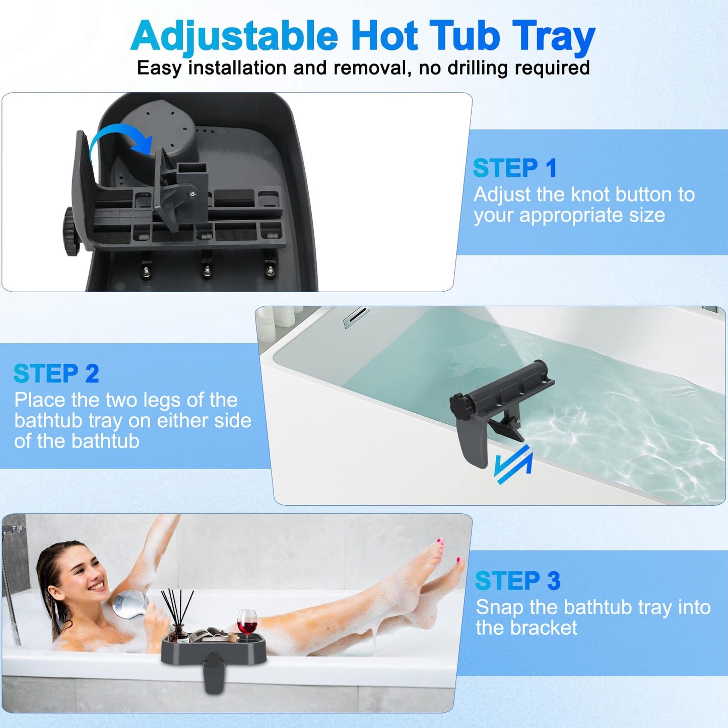 Hot Tub Tray, Adjustable Spa Table Tray with 2 Cup Holders, Spa with Wall Thickness of 2'' to 6.5'', Nonslip Heavy-Duty Shelf for Aboveground Bathtub, Spa Accessory