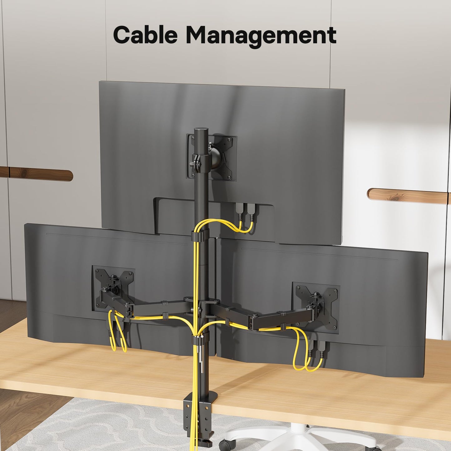BONTEC Triple Monitor Desk Mount for One 32 Inch Screen and Two 27 inch Screens, Supports up to 22lbs, with Full Motion Adjustability, Two Installation Options and Integrated Cable Management, Black