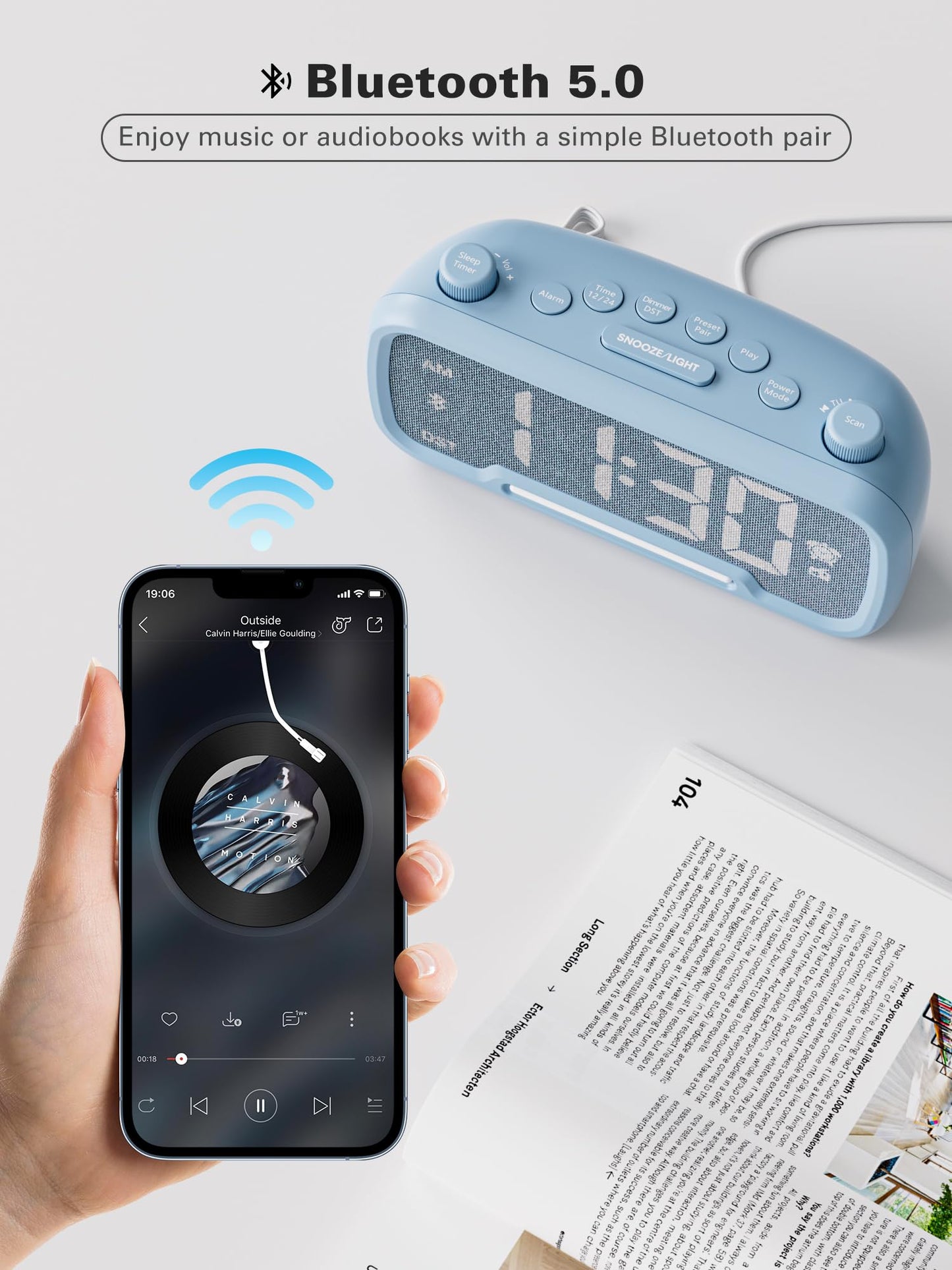 Radio Alarm Clock with Bluetooth Speaker, FM Clock Radio for Bedroom, Digital Alarm Clock with LED Night Light, 5-Level Brightness, 16-Level Volume, Phone Charger, Snooze, Battery Backup, 12/24H & DST