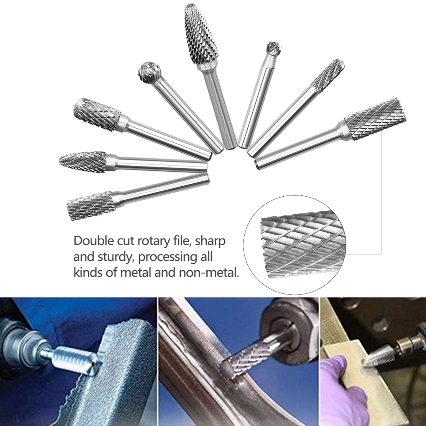 Die Grinder Bits, Carbide Rotary Burr Set 1/4 Shank, 8PCS Double Cut Deburr Bits Grinding Tool for Metal Wood Jade Carving Engraving Polishing Drilling Milling Cutting