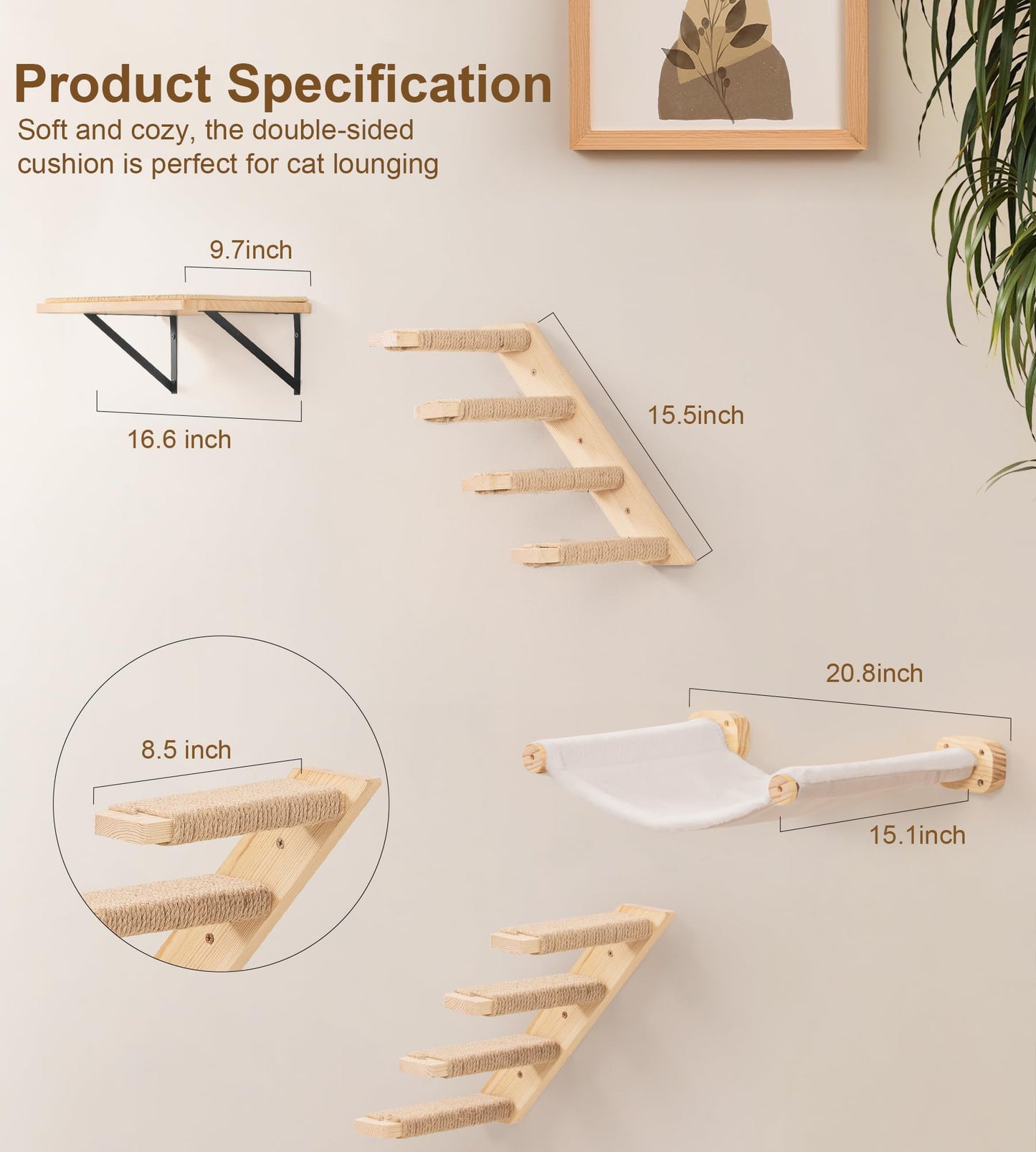 Cat Wall Hammock Set of 3, Wall Shelves with 1 Floating Fabric Hammock, 2 Cat Ladders with 4 Steps Each, Wall Mounted Bed Furniture & Climber for Large Cats