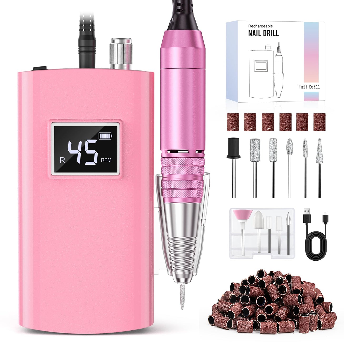 Beloving Portable Nail Drill Professional, 45000RPM Rechargeable Nail Drill Electric File Machine for Acrylic Gel Polish Remover, Cordless Nail Kit for Manicure Pedicure with 11 Bits for Salon Home