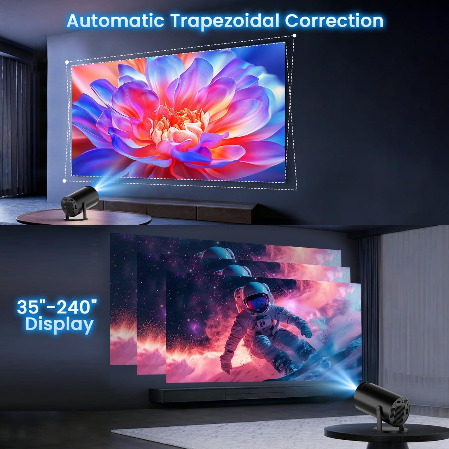 [Built-in App] Mini Projector 2026 Upgraded 1080P 4K Support Portable Projector Dual Control WiFi 6 BT5.2 180° Keystone Compatible with TV Stick/Memory Stick/Smartphone/USB/Laptop, Black