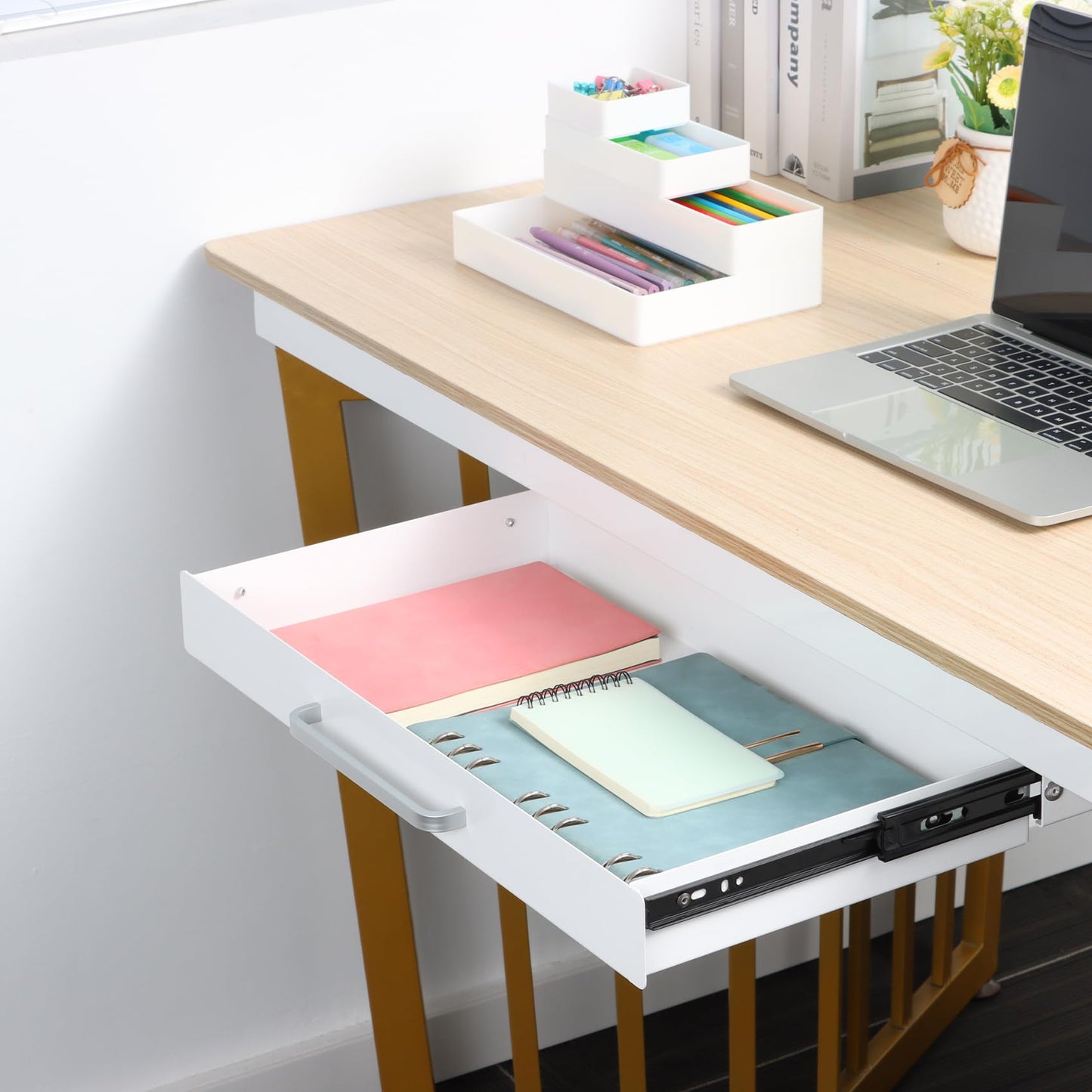 OSteed Under Desk Drawer White 54cm with 4 Divider Trays, Metal Pull Out Storage Drawer for Workbench, Standing Desk Drawer Attachment, Attachable Desk Organizer, Under Shelf Pencil Drawer Slide-out