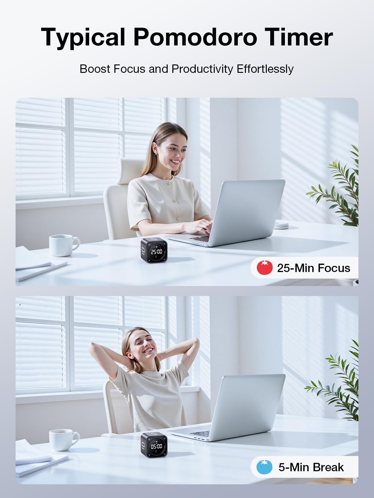 Ticktime TK3 Pomodoro Timer Cube, Desk Productivity Timer with 5/10/30/60 Min Presets, Custom Countdown, Stopwatch, Clock, 3 Alarm, Silent, Vibrate & Sound Alert, for Task, ADHD, Study, Kitchen, Black