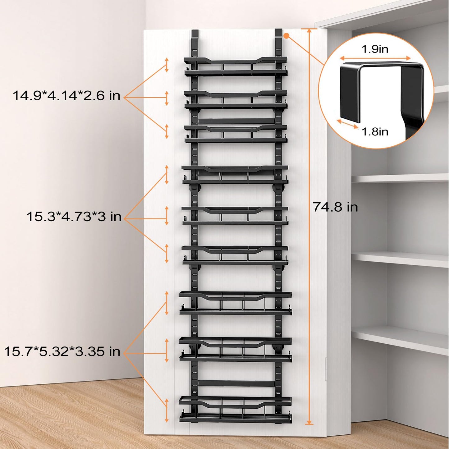 MSERCUOR 9-Tier Over The Door Pantry Organizer Rack，Adjustable Metal Basket Spice Rack Seasoning Shelves, Hanging Spice Rack for Pantry Door, Kitchen Laundry Fit Wider Door (9 Tier Black)