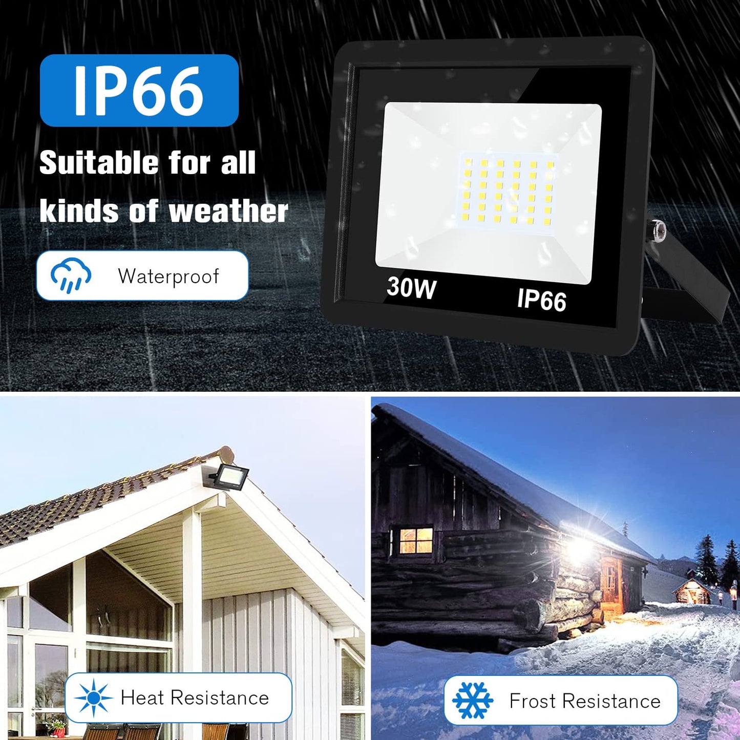 30W Flood Light Outdoor, 3000lm LED Flood Light IP66 Waterproof Plug in Outdoor Lights 6500K 2Pack Work Light for Yard Garden Stadium Garage Playground
