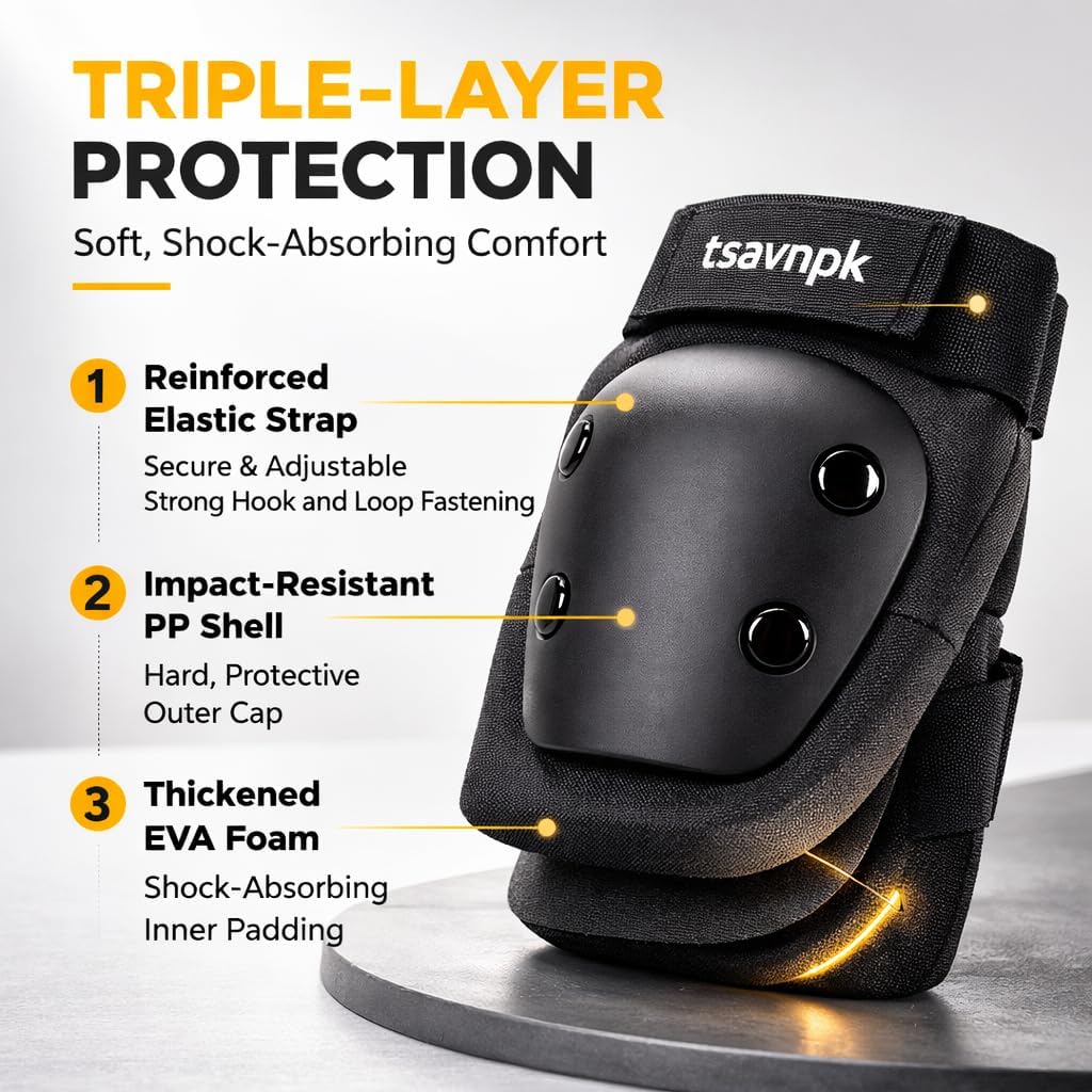Adult Knee Pads and Elbow Pads Set with Wrist Guards, 6 in 1 Protective Gear for Skateboarding, Roller Skating, Inline Skating, Scooter, BMX, Adjustable Pads for Men Women(Black, X-Large)