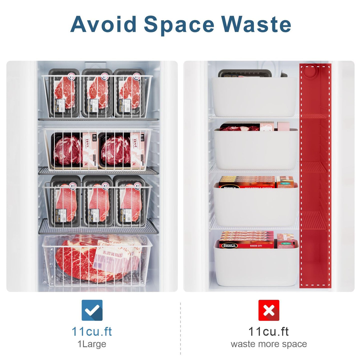 iSPECLE 6 Pack Upright Freezer Organizer Bins for 11 Cu.Ft, Heavy Duty Wire Storage Baskets with Handles, Rust-Resistant Metal Crates for Meat & Veggies, Stand Up Freezer Organization, White