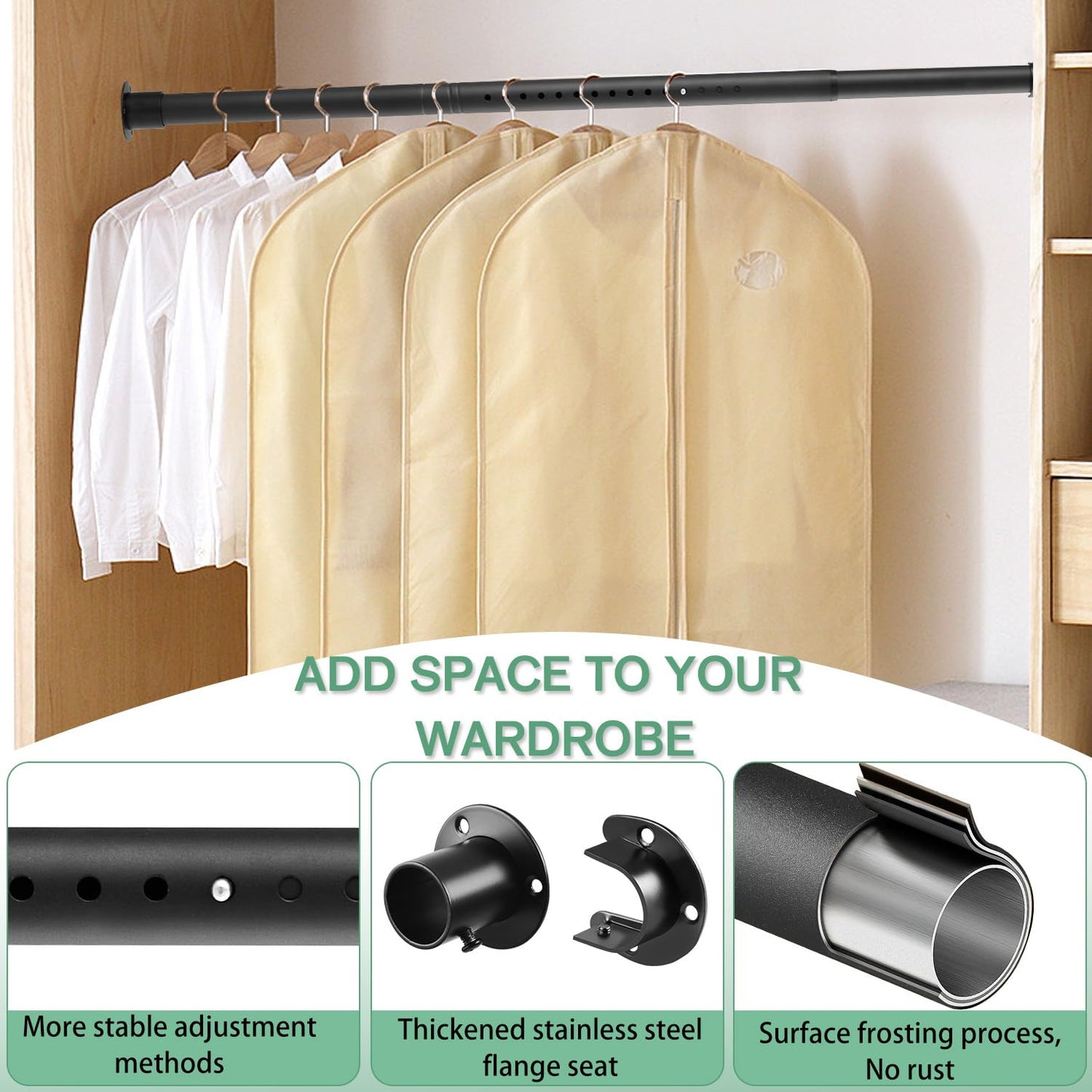 Closet Rod - 17-100 Inches, 1.3 Inch Diameter Heavy Duty Closet Rods Extender Hanging - Metal Matte Black Adjustable Clothes Hanging Bar, for Closet, Bathroom, Windows