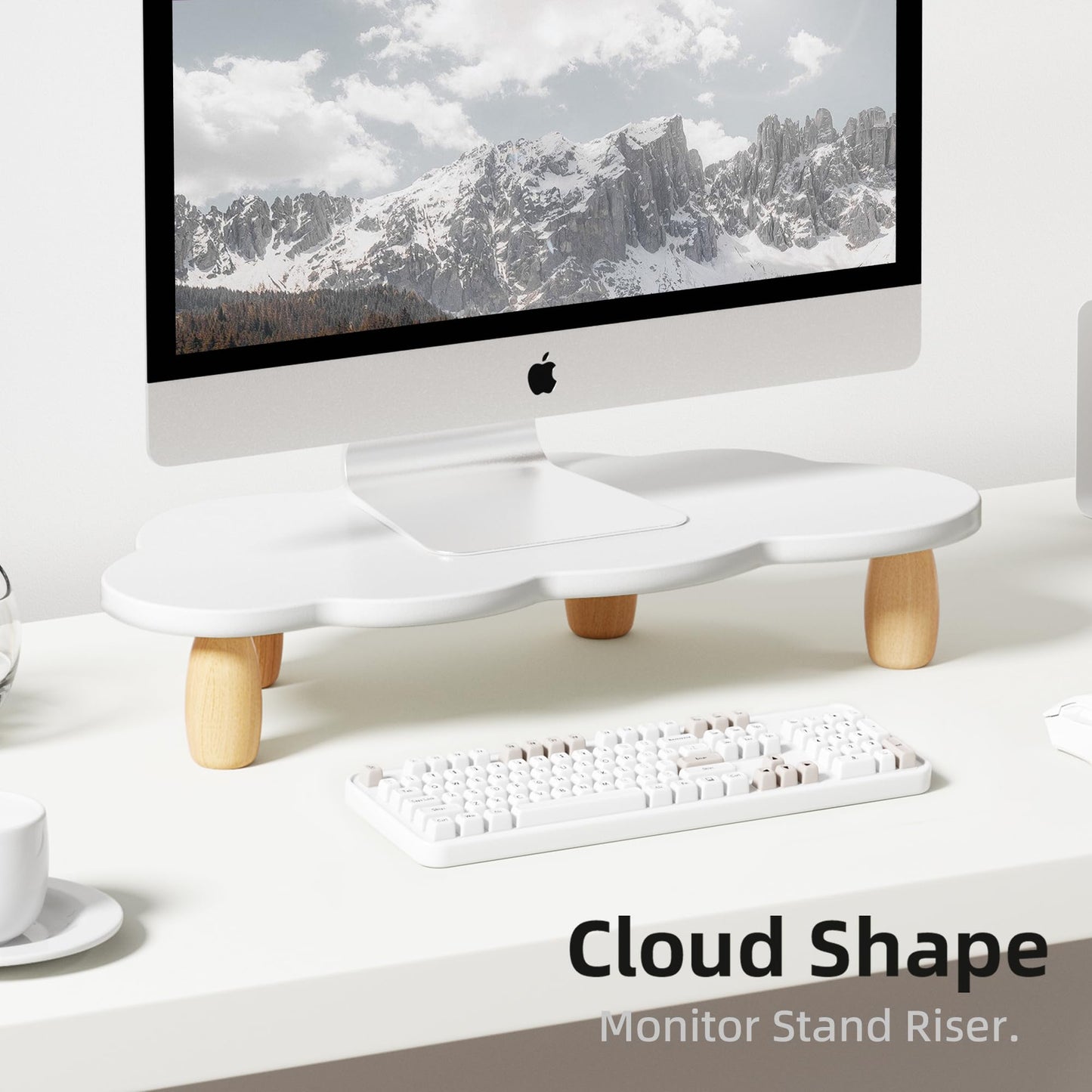 AFOOYO Monitor Stand Riser,Cloud-Shaped Sturdy Wood Computer Monitor Riser, Laptop Monitor Stand, Multi-Purpose Desktop Organizer Riser for Computer, Laptop, Printer, TV,White