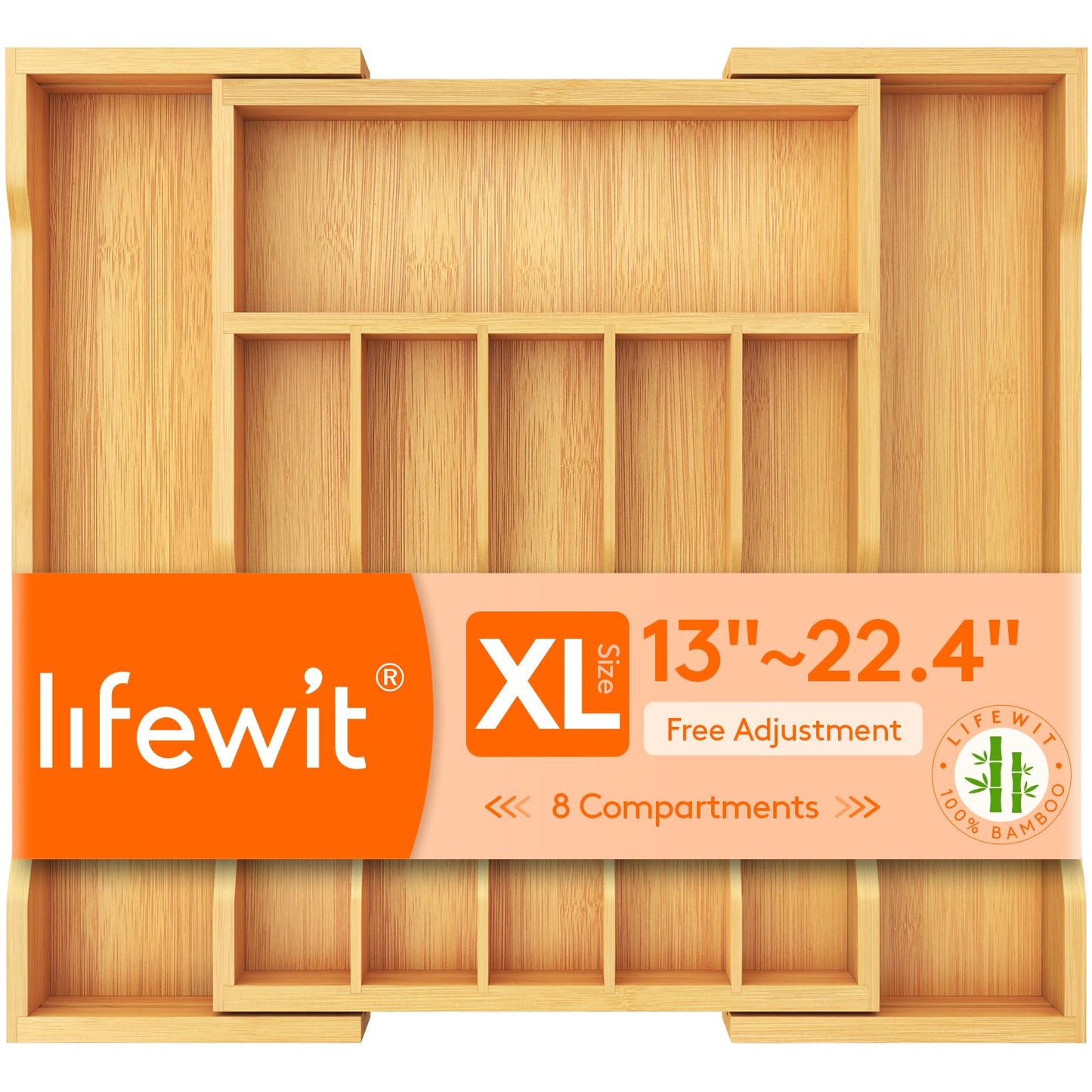 Lifewit Large Cutlery Drawer Organizer, Expandable 13" to 22.4" Utensil Holder for Kitchen, Bamboo Flatware and Silverware Tray, Wood Adjustable Storage for Spoons Forks Knives, Natural
