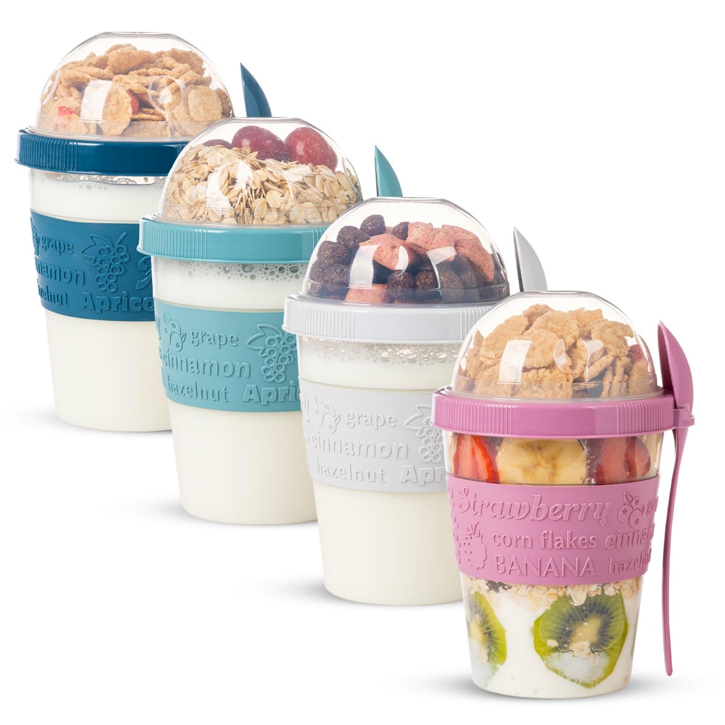 EYNEL On The Go Cereal Yogurt Cups with Lids and Spoon, Overnight Oats Container, Reusable Parfait Plastic Milk Jar Breakfast Crunch Granola Oatmeal Smoothie Snack Prep Bowl To Take Along (4 Pack)