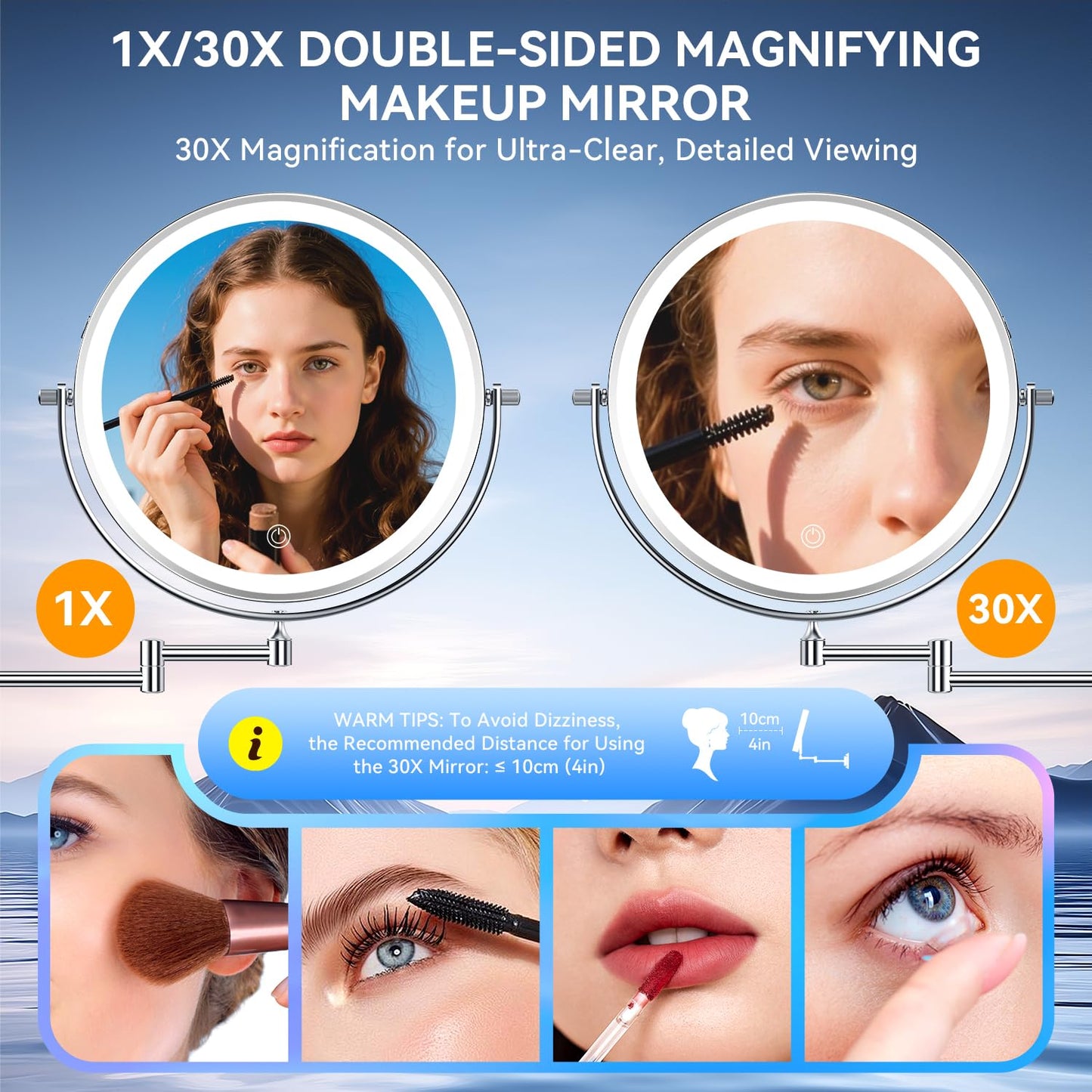 Auxmir 5000mAh Rechargeable Wall Mounted Makeup Mirror, 1X/30X Double-Sided Magnifying Mirror with Light, 9" Lighted Vanity Mirror with 3 Color Modes, Touch Dimmable, 360° Swivel Extended Arm, Chrome
