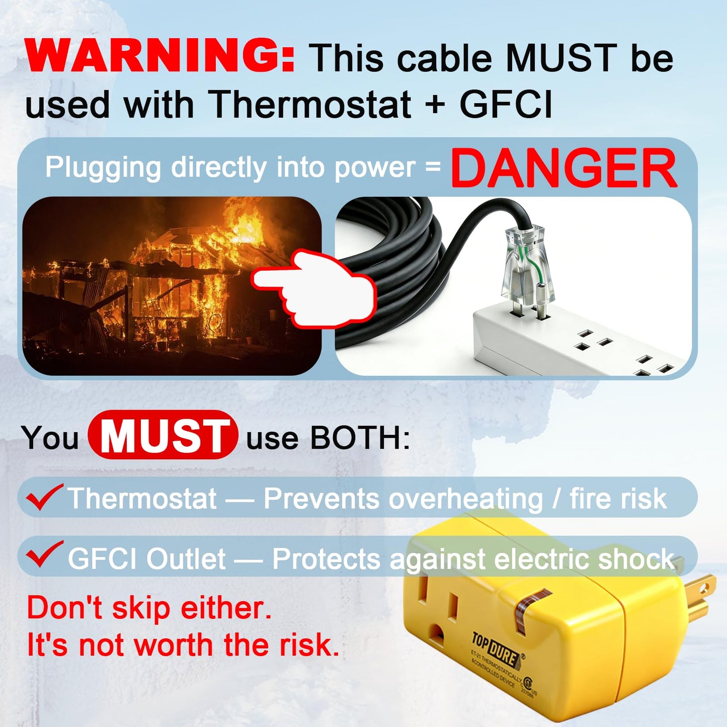 TOPDURE 60ft Roof Deicing Cable, 5w/ft Constant Wattage, CSA ETL Certified, Prevents Ice Dams on Metal or Plastic Gutters/Downspouts, 120V