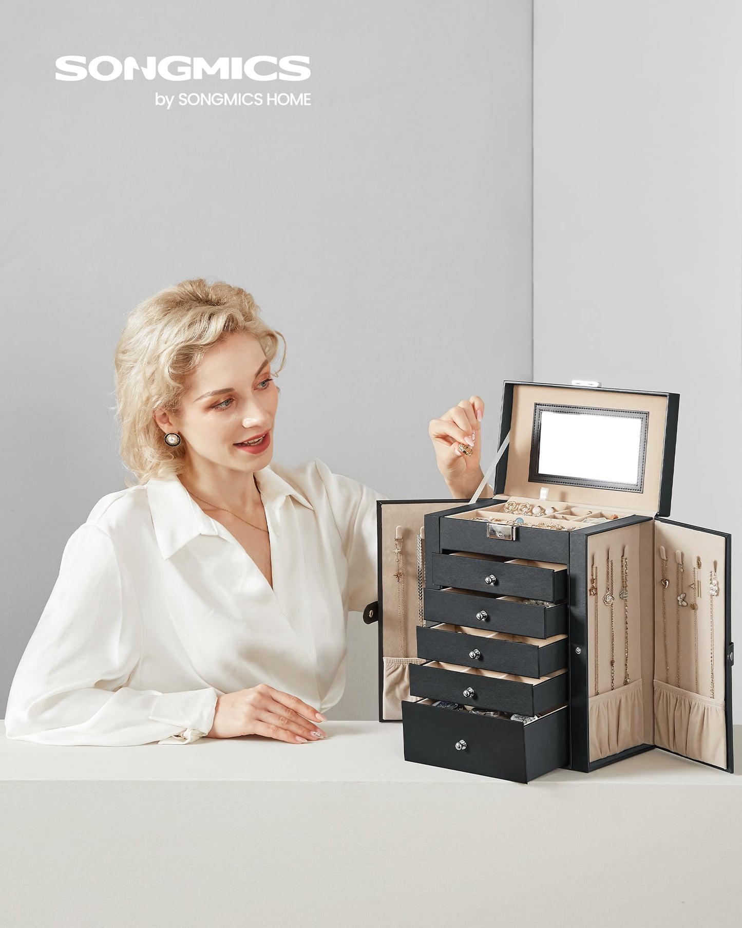 SONGMICS 6-Tier Jewelry Box Organizer with 5 Drawers, Lockable Jewelry Storage Case with Mirror, Necklace Hooks, Watch Storage, Large Capacity, Gift for Loved Ones, Black UJBC152B01