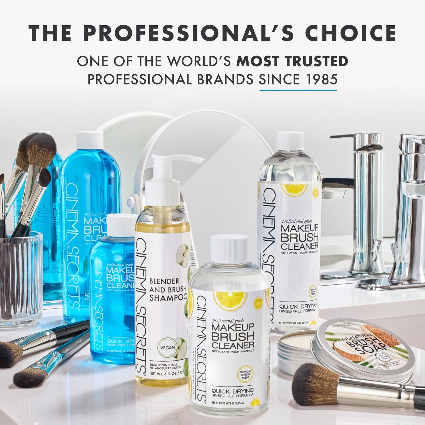 Cinema Secrets Original Makeup Brush Cleaner Solution - Professional Cleanser for Makeup Brushes - Quick-Drying, Rinse-Free Formula - Removes Stubborn Waterproof Make Up - Lemon (32 fl oz)