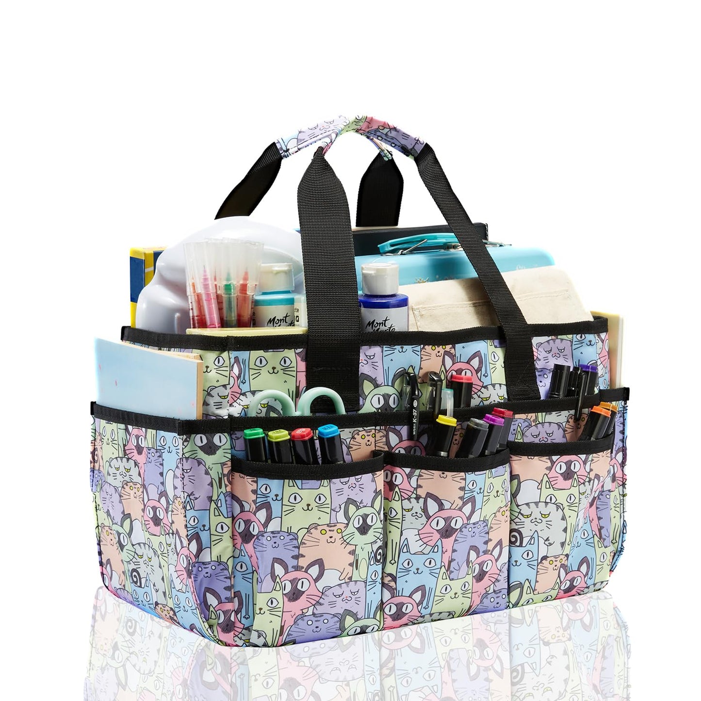 JOSIVIKY Craft Organizer Tote Bag, Art Caddy Bag with Multiple Pockets, Sewing Bags for Scrapbooking, School, Home and Office Supplies (Cat)