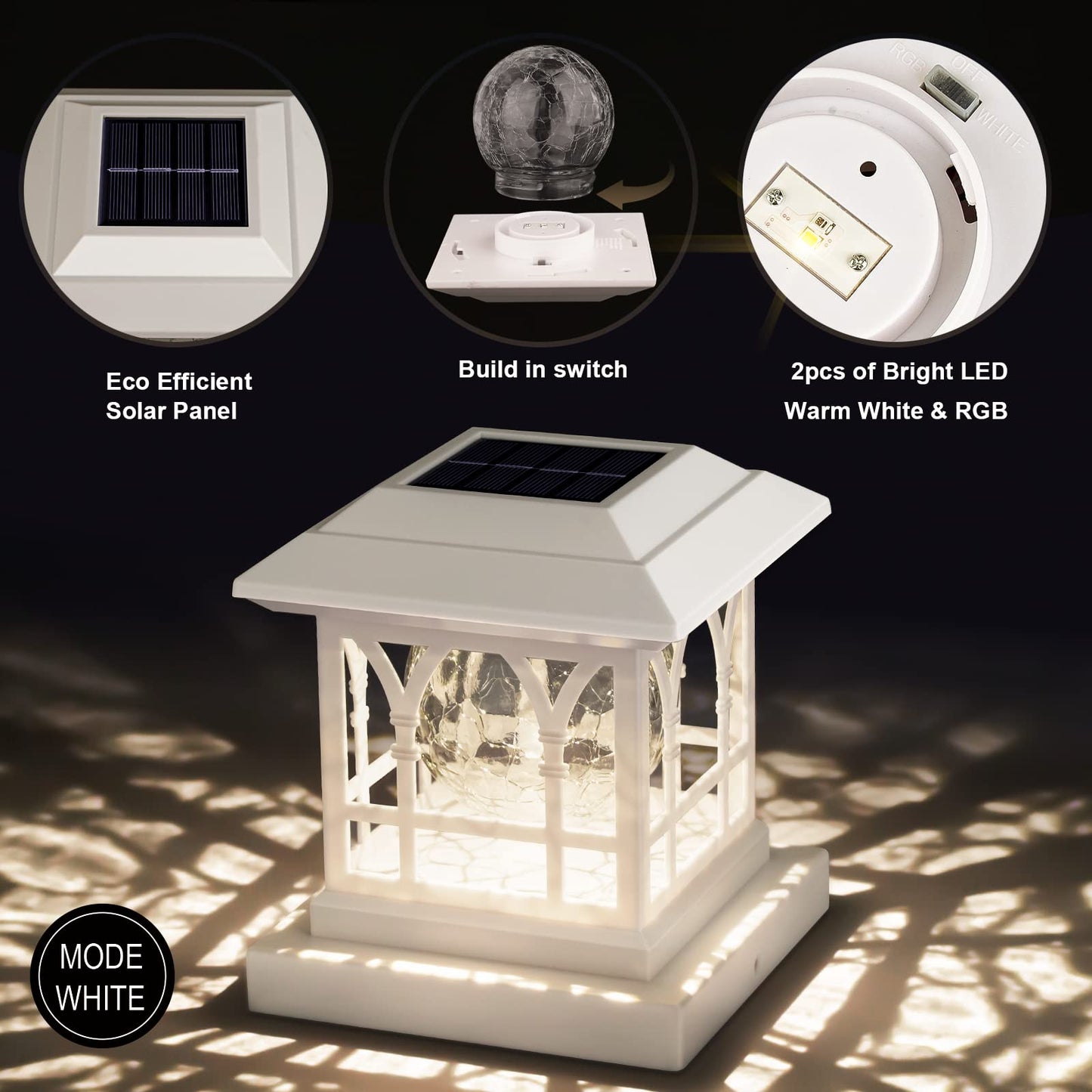 AEFRELEOHT Solar Post Cap Lights, Warm White & RGB Automatic Cycling, Cracked Glass Bulb, 20 Lumens lP65 Waterproof Fit 3.6x3.6 4x4 4.5x4.5 5x5 Wood Fence Post Solar Powered Lights White (2 Pack)