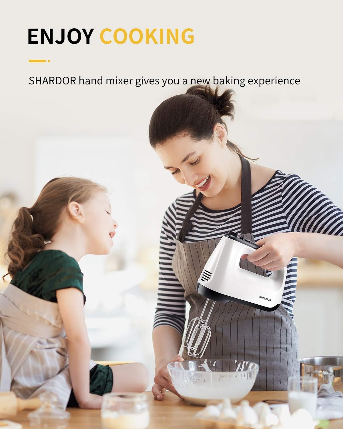 SHARDOR Hand Mixer Electric 6 Speed & Turbo Electric Mixer Handheld Snap-On Storage Case, 5 Stainless Steel Accessories Mixers for Baking, Whipping, Mixing Cookies, Brownie, Cakes Dough, Batters White