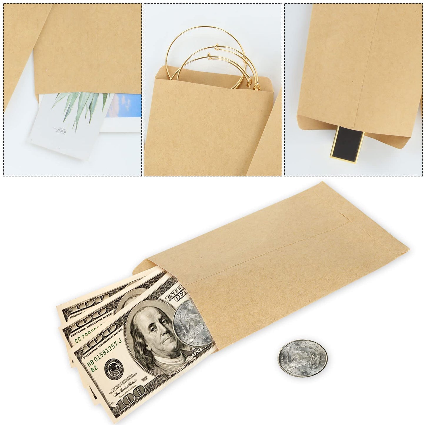 DAJAVE 500 Pack #7 Kraft Money Envelopes for Cash, 4 x 7 Inch Small Coin Envelope, Brown Paper Cash Envelope for Money, Seed Envelopes for Check, Budget, Small Item Organizer