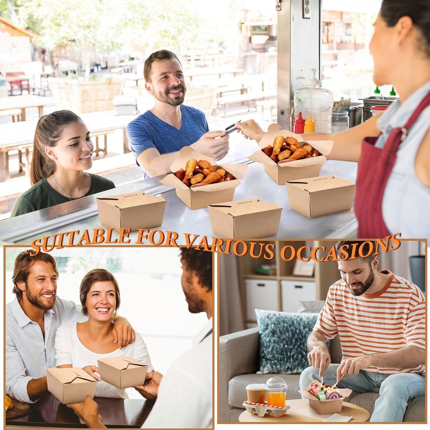 100 Pack Takeout Boxes, 25 oz Chinese Take Out Food Container, Kraft Paper Small To Go Box, Recyclable Food Pails for Meal, Party, Restaurants,Food Service,Grease Resistant