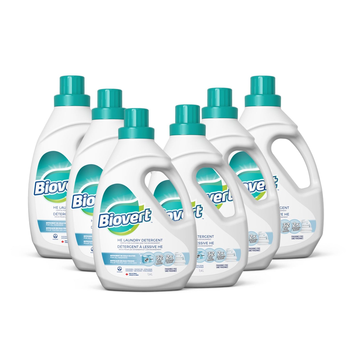 Biovert Laundry Detergent, Biodegradable Formula & ECOLOGO Certified, HE Compatible, Plant-Based Formula, Gentle & Powerful Cleaning, Made in Canada, Fragrance Free, 32 Loads, 1.4 Litres (Pack of 6)