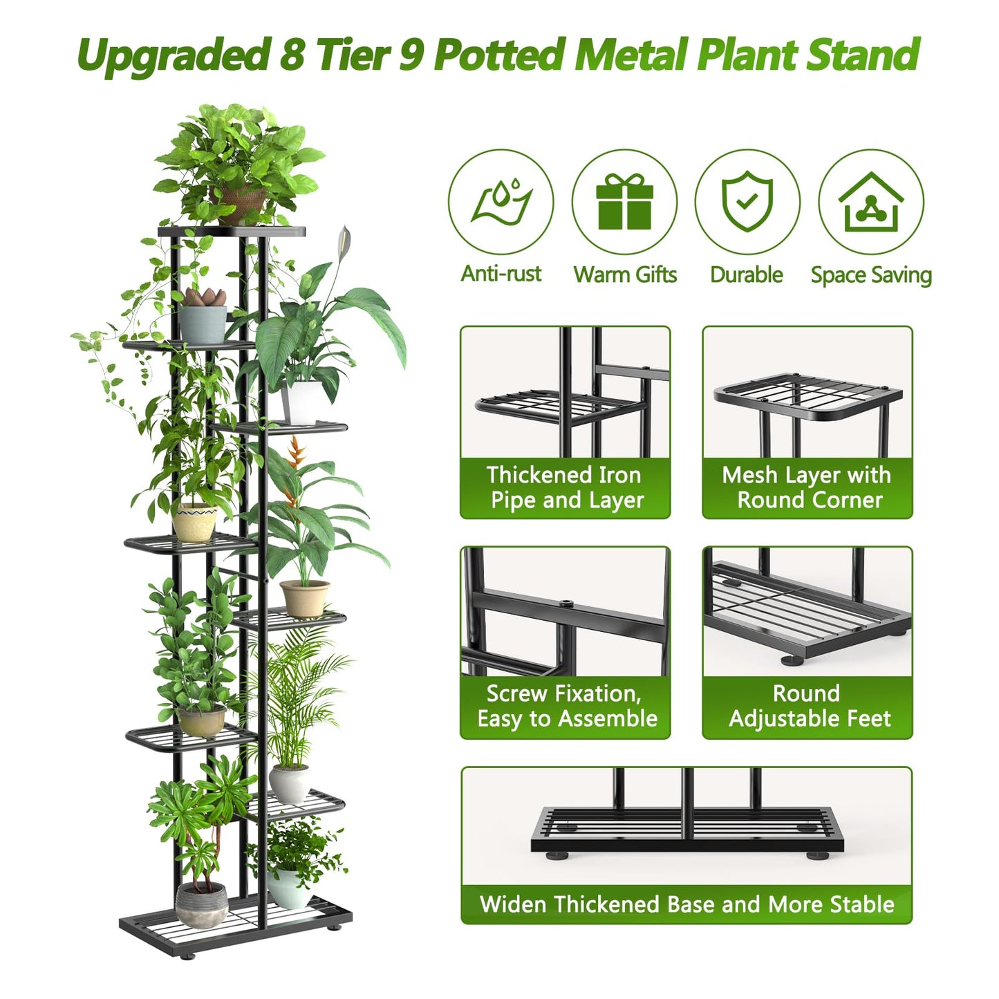 8 Tier 9 Potted Plant Stand Indoor, Black Tall Metal Corner Plant Shelf Organizer Outdoor Multiple Flower Pot Holder Display Rack for Patio Garden Balcony Living Room