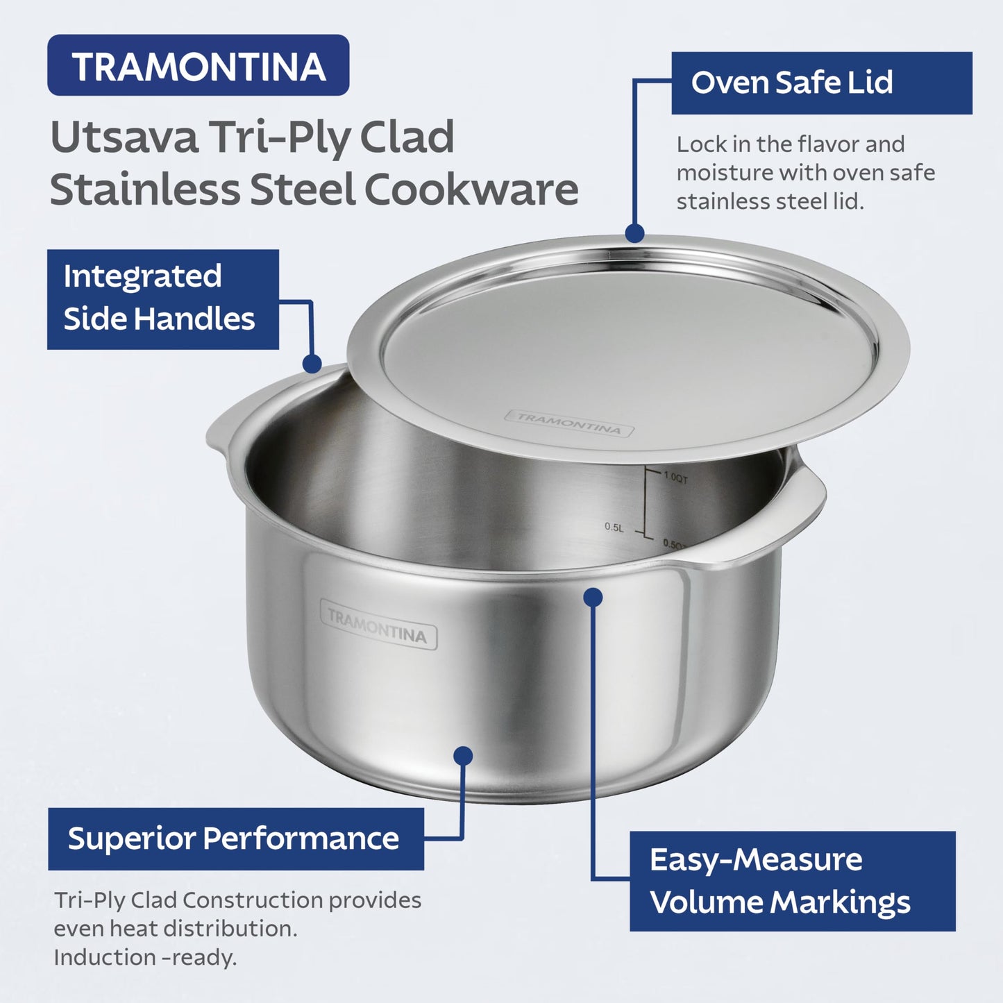 Tramontina Utsava 5.75-Quart Tri-Ply Clad Stainless Steel Tope with Lid, Patila Pot for Indian Cooking
