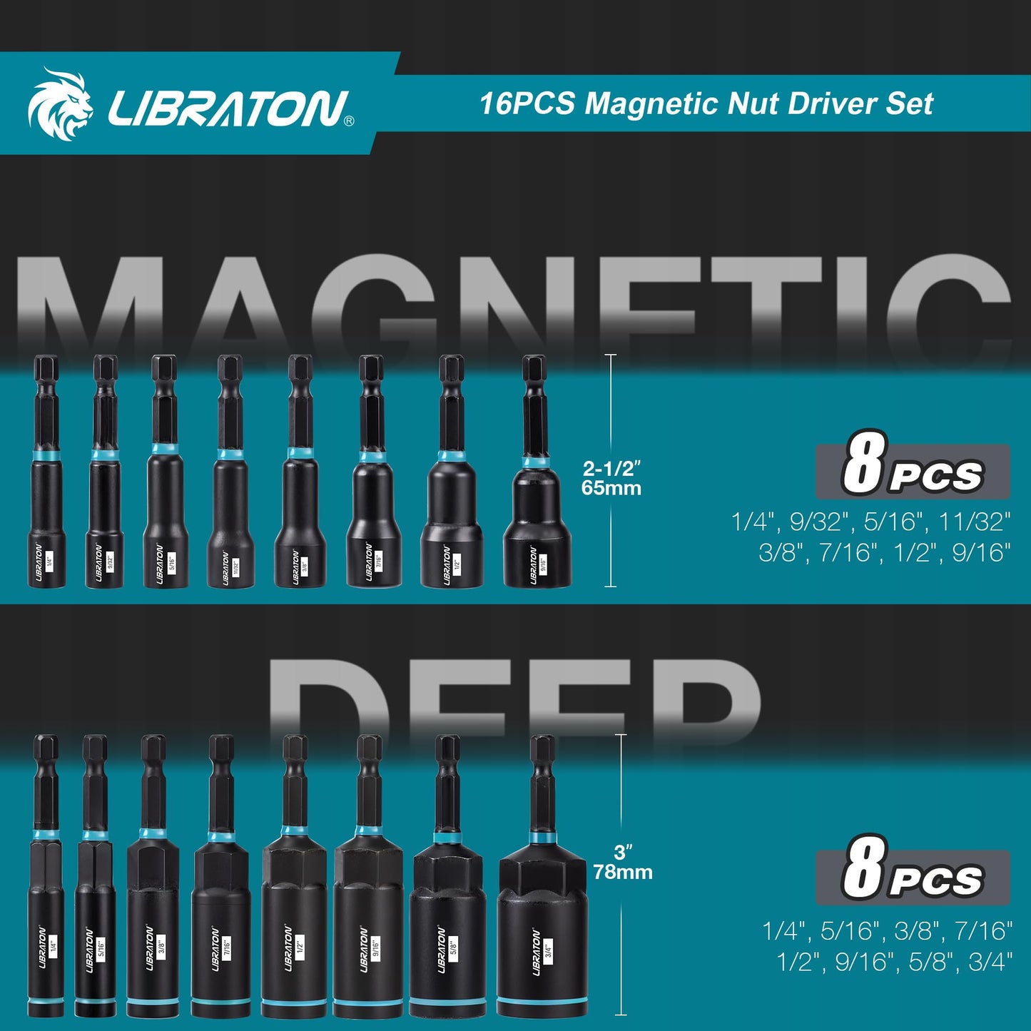 LIBRATON Magnetic Nut Driver Set, 16PCs Impact Driver Bit Set, Deep Nut Driver Set, SAE Nut Driver for Impact Drill, 1/4"-9/16" Nut Drivers and 1/4"-4/3" Deep Nut Drivers, with Toolbox for Car Repairs