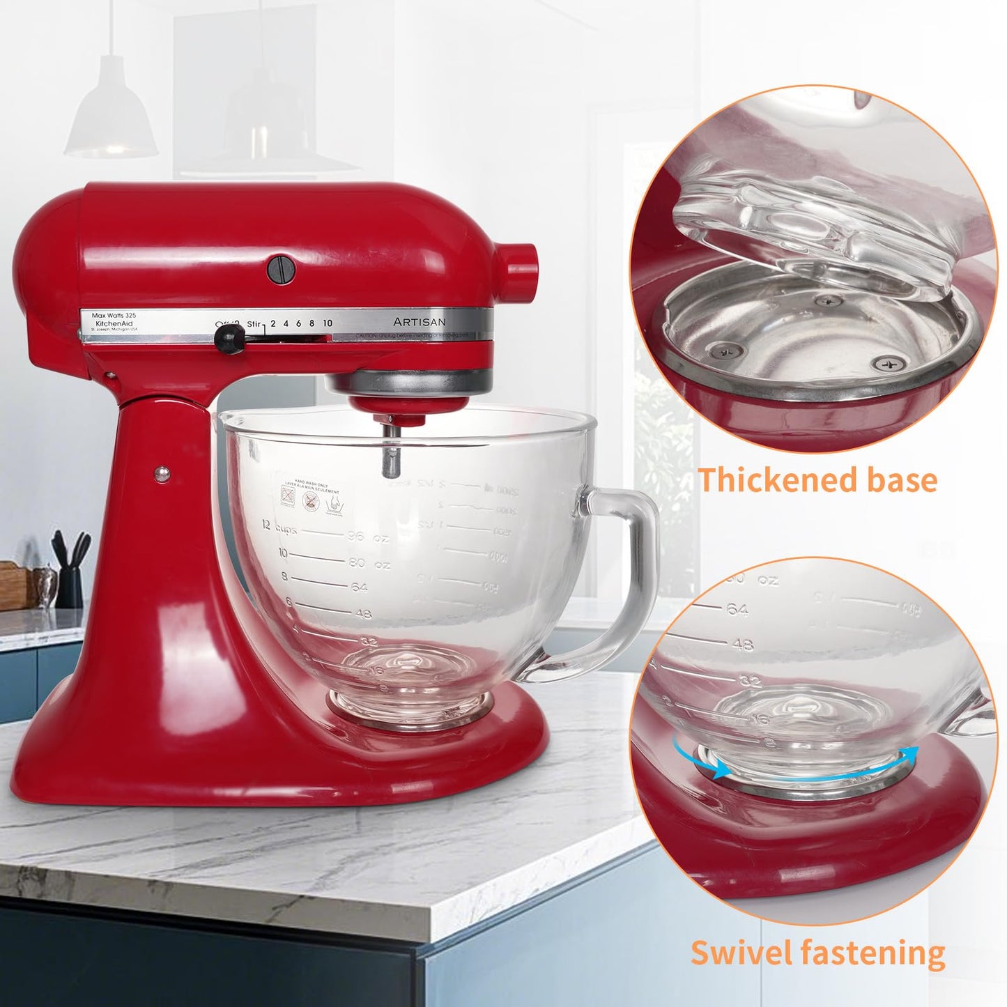 5QT Glass Bowl Compatible with KitchenAid 4.5 and 5-Quart Tilt Stand Mixers,Glass Mixing Bowl with Lid, Measurement Markers and Handle