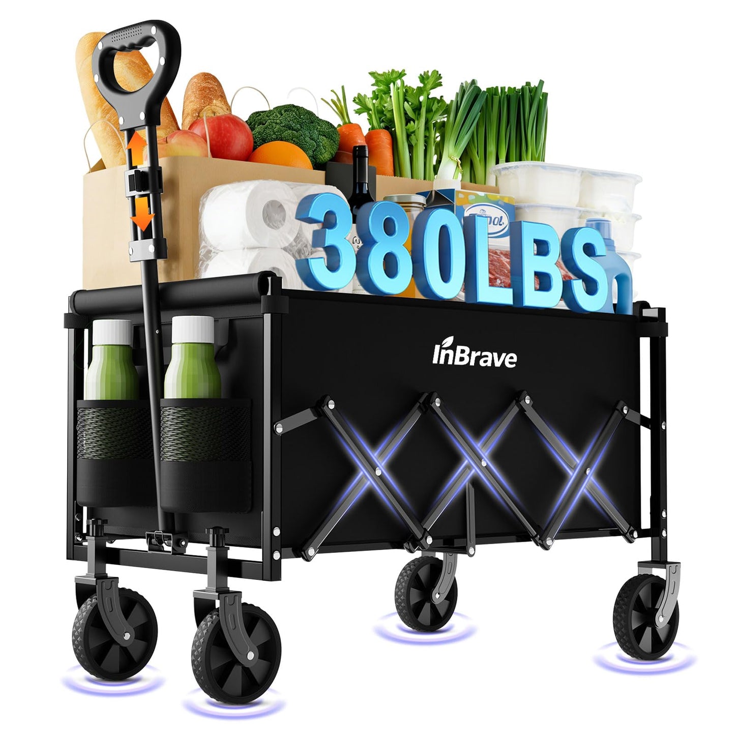 InBrave Collapsible Wagon Cart with All-Terrain Wheels, Foldable Wagon with 380LBS Load Capacity, Portable Lightweight Utility Wagon for Shopping, Grocery, Beach, Garden (Black)