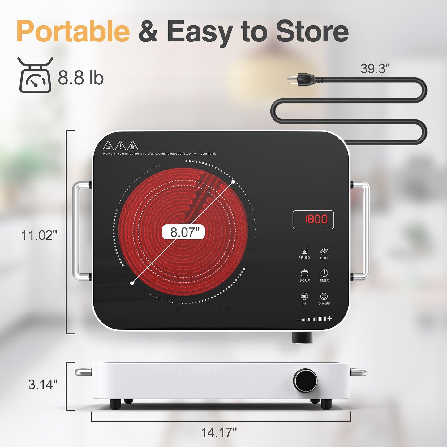 GIHETKUT Electric Cooktop Single Burner, 1800W 110V Electric Stove Top with Knob Control, Portable Induction Cooktop with 2 Handle, Hot plate with Double Ring Heating, 4 hours Timer