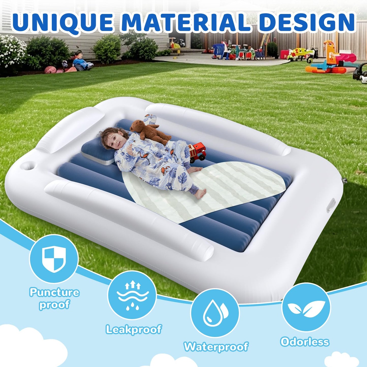 Deeteck Inflatable Toddler Travel Bed - 60 Inches Portable Toddler Bed for Travel with Safety Sides - Cozy Kids Air Mattress Set with High-Speed Pump & Carry Case - Lightweight & Easy to Inflate -Blue