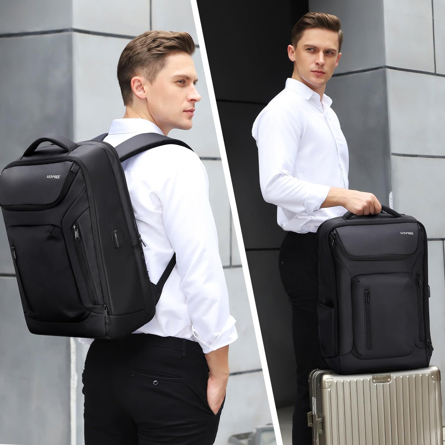 HOMIEE Business Laptop Backpack, Water-Resistant High Tech Backpack for Men, 15.6 Inch Laptop Backpack Travel Backpack with USB Charging Port, Black