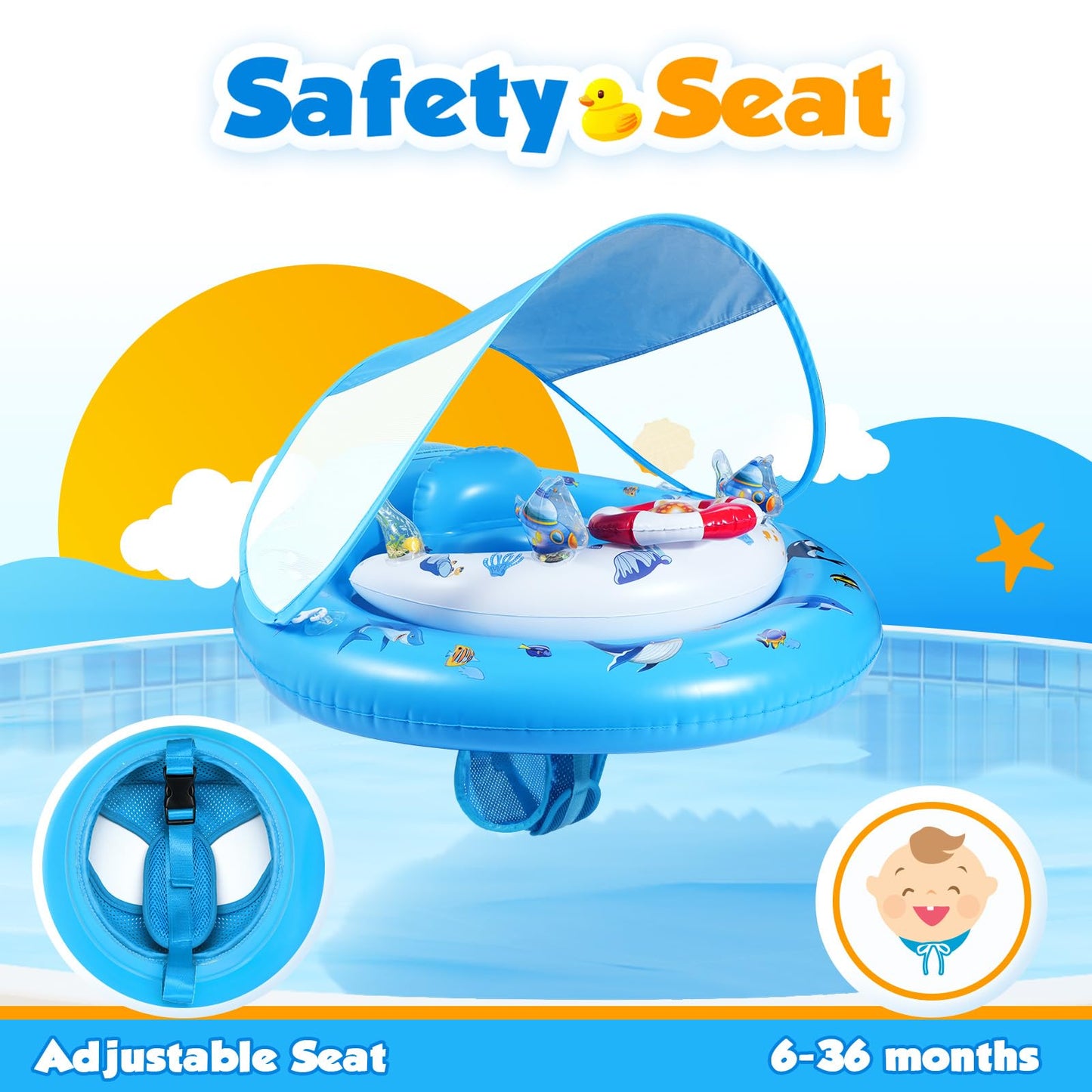 Baby Pool Float with Canopy UPF50+ Sun Protection, Inflatable Kids Pool Floats with Ocean Animal Toys for Baby 6-36 Months, Infant Swimming Float with Adjustable Safety Seat for Girls Boys