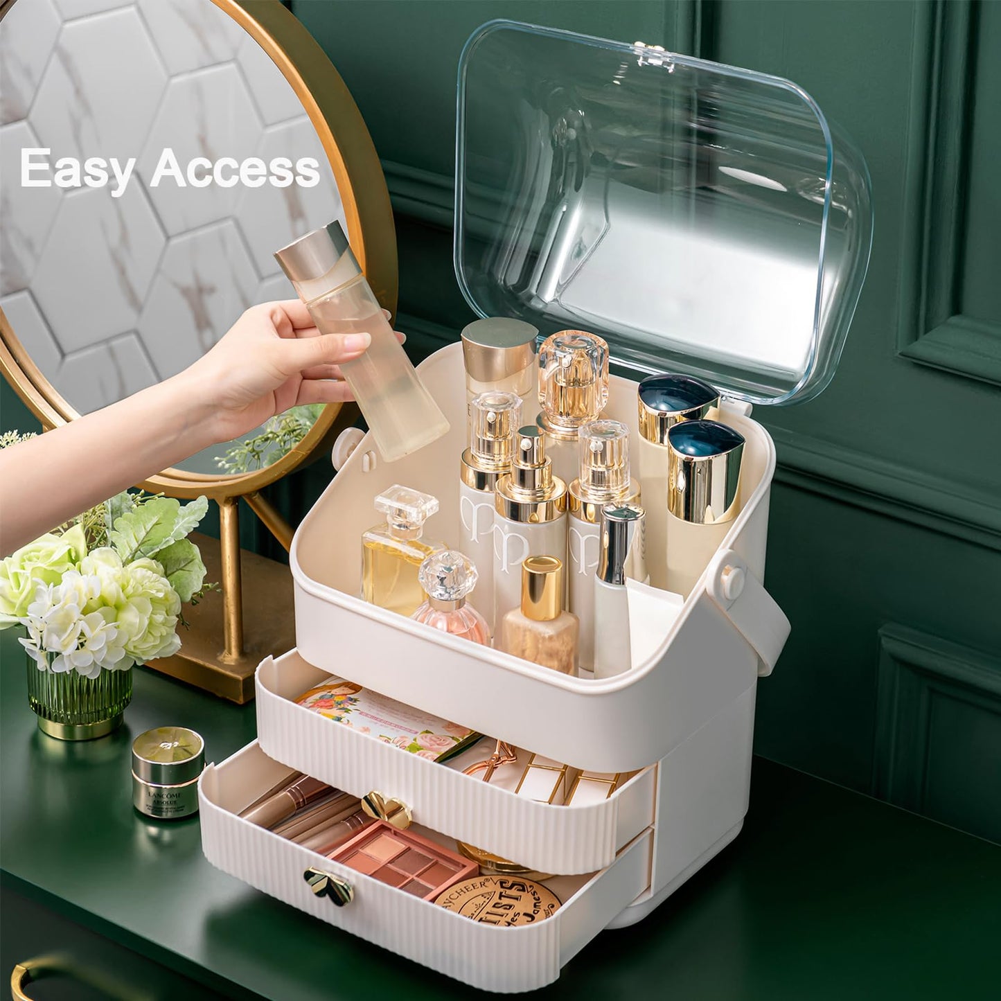 SUNFICON 3 Tiers Makeup Organizer Holder Cosmetic Storage Box with Dust Free Cover Portable Handle 2 Rroomy Drawers,Great for Bathroom Countertop Bedroom Dresser,Ivory White