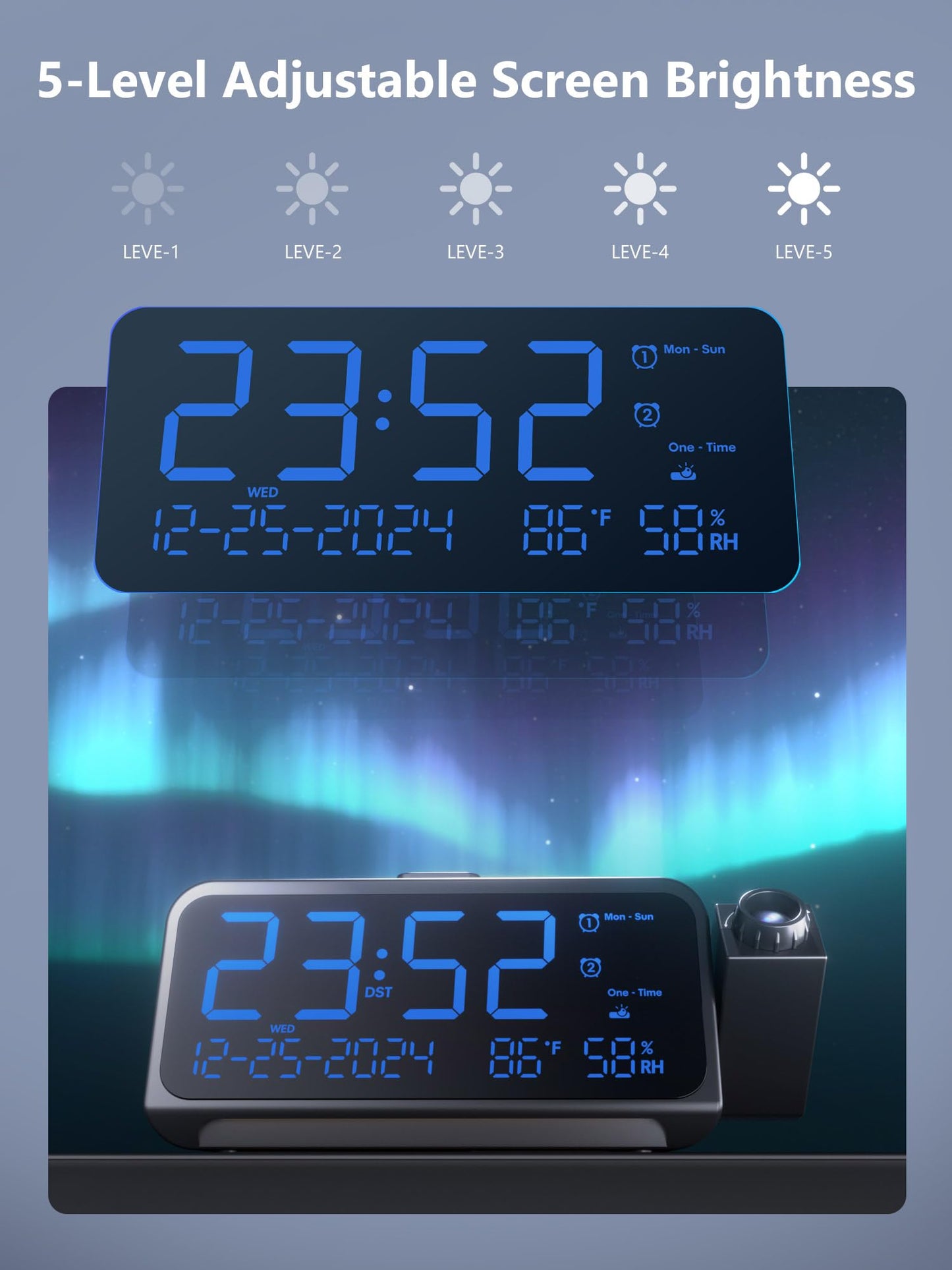 Projection Alarm Clock, Digital Clock with Night Light on Ceiling Wall, 350°Rotatable Projector, 5-Level Dimmer, Type-C USB Charger, Temperature & Date Display, 12/24H, Dual Alarm Clock for Bedroom