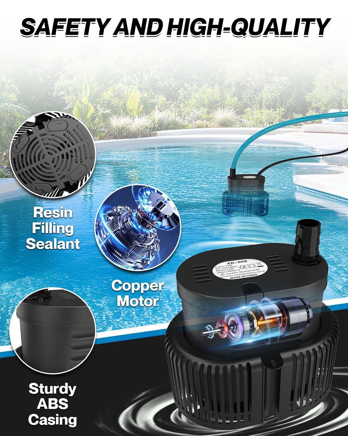Pool Cover Pump Above Ground - Submersible Sump Pump, Swimming Water Removal Pumps, with Drainage Hose & 25 Feet Extra Long Power Cord, 850 GPH inGround, 3 Adapters Black