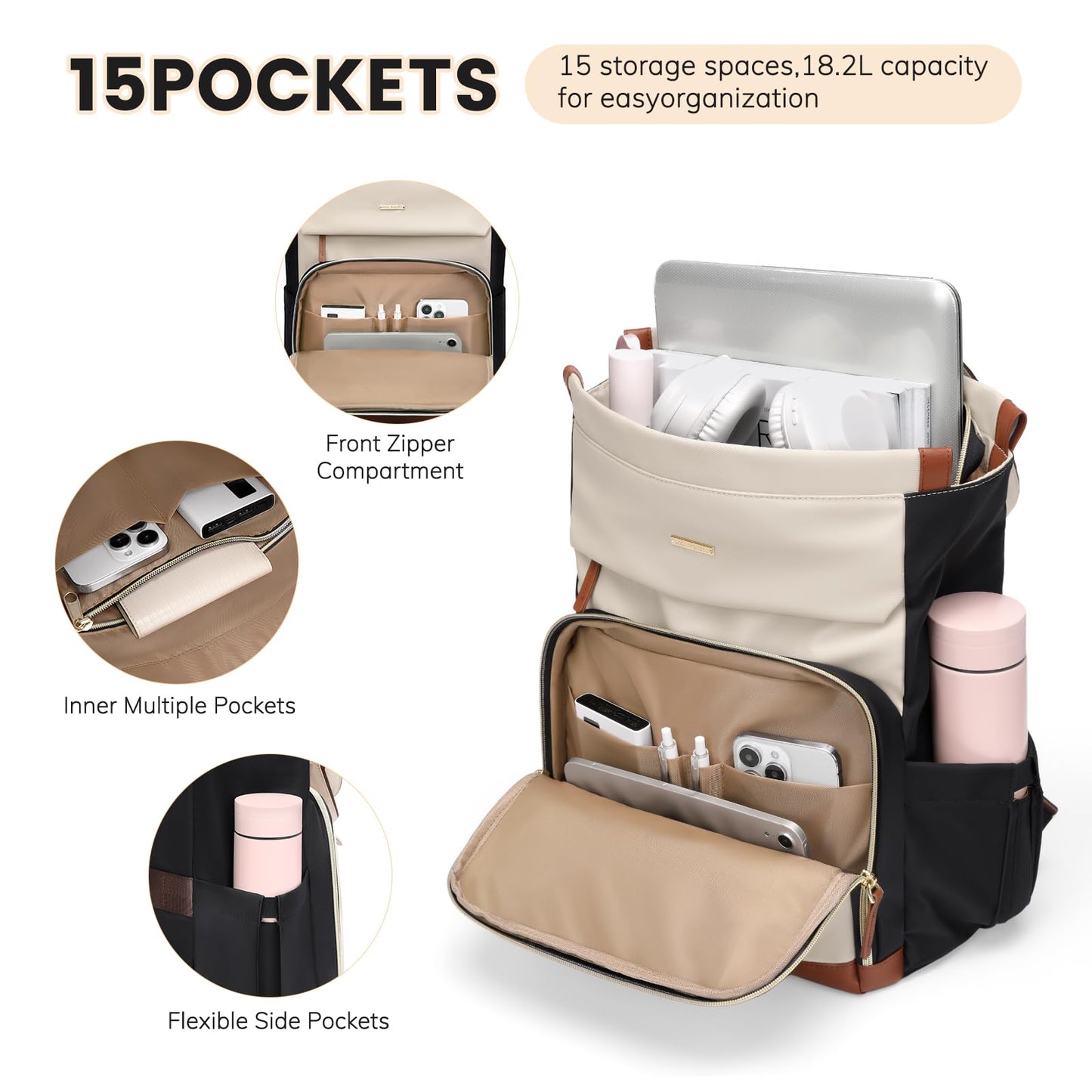 GOLF QUALITY Convertible Laptop Backpack for Women Carry on Tote Daypack Bookbag for College Work Nurse Travel,16Inch,Apricot Brown
