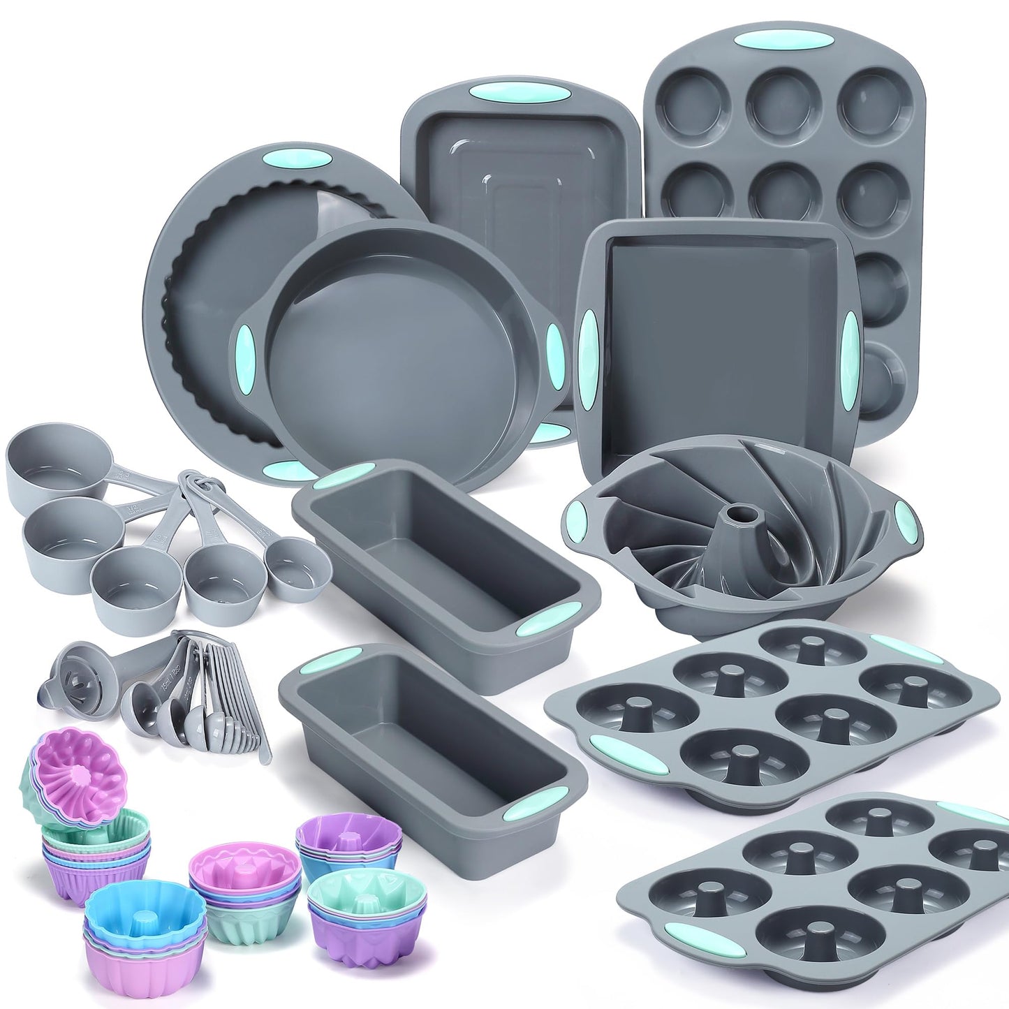 Tongjude 51 Piece Silicone Bakeware Set, Non-Stick Kitchen Oven Baking Pans, Silicone Cake Molds with Muffin Pan, Cookies Baking Sheet, Cake Pan, Donut Pan and Loaf Pan